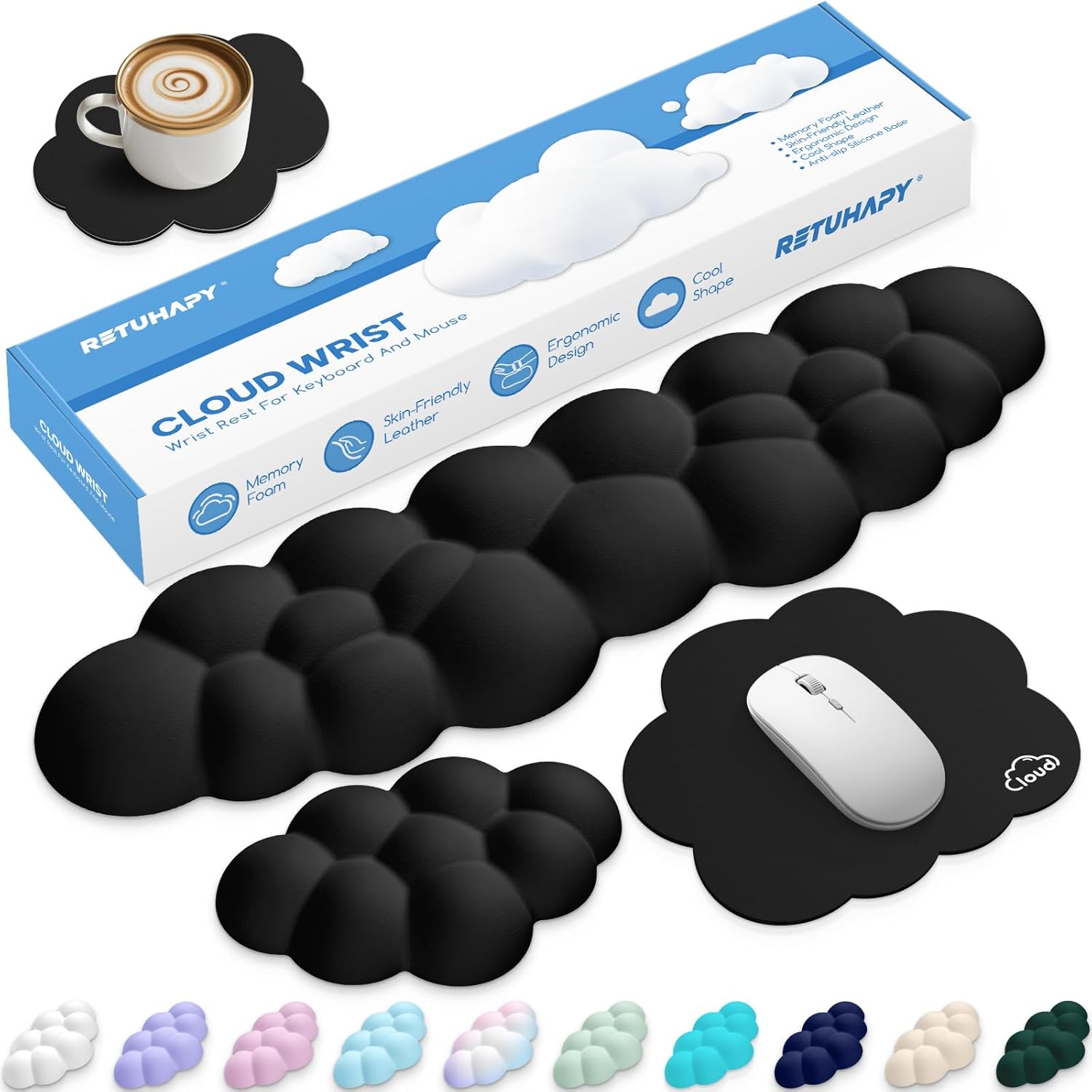 Cloud Wrist Rest Keyboard Cushion, 4-in-1 Ergonomic Cloud Keyboard Wrist Rest and Mouse Pad Set with Memory Foam Arm Support for Palm, Cute Desk Accessory for PC Gaming Setup, Black
