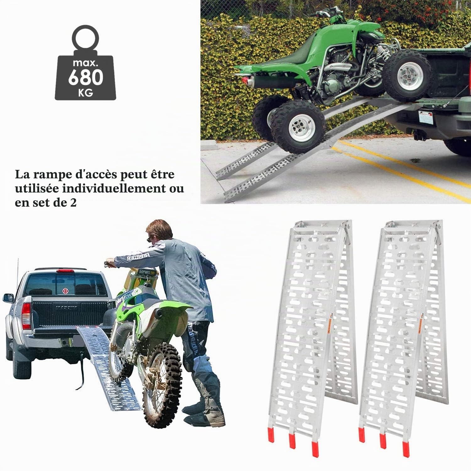 Lospitch Lot de 2 rampes de chargement pliables en aluminium pour moto - 680 kg - Antidérapantes - Pliable - Pour quad, voiture