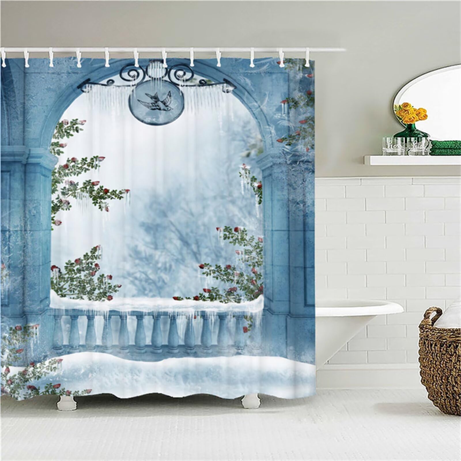 paysage Rideau Douche W220cm x L200cm Rideaux de Douche Anti Moisissure Tissu Imperméable avec Crochets, Rideaux Lourd Polyester Lavable, 3D Shower Curtain Hôtel Baignoire Salle de Bains Decor M-57