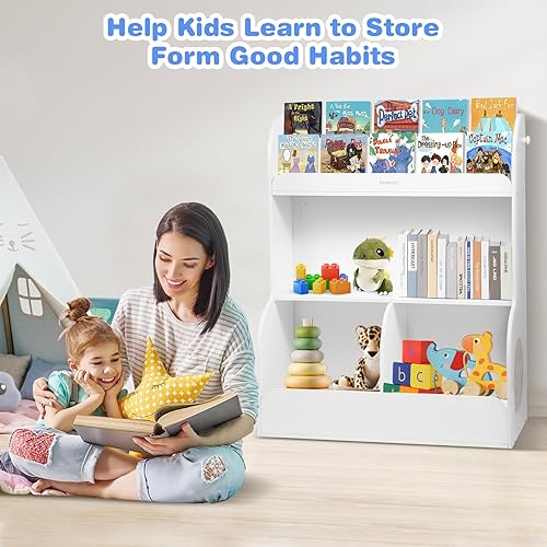 Miniatura 5 de Asweets Estantería infantil 2 en 1 y cubo de almacenamiento de juguetes Montessori, estantería de madera para niños de 3 niveles, apta para