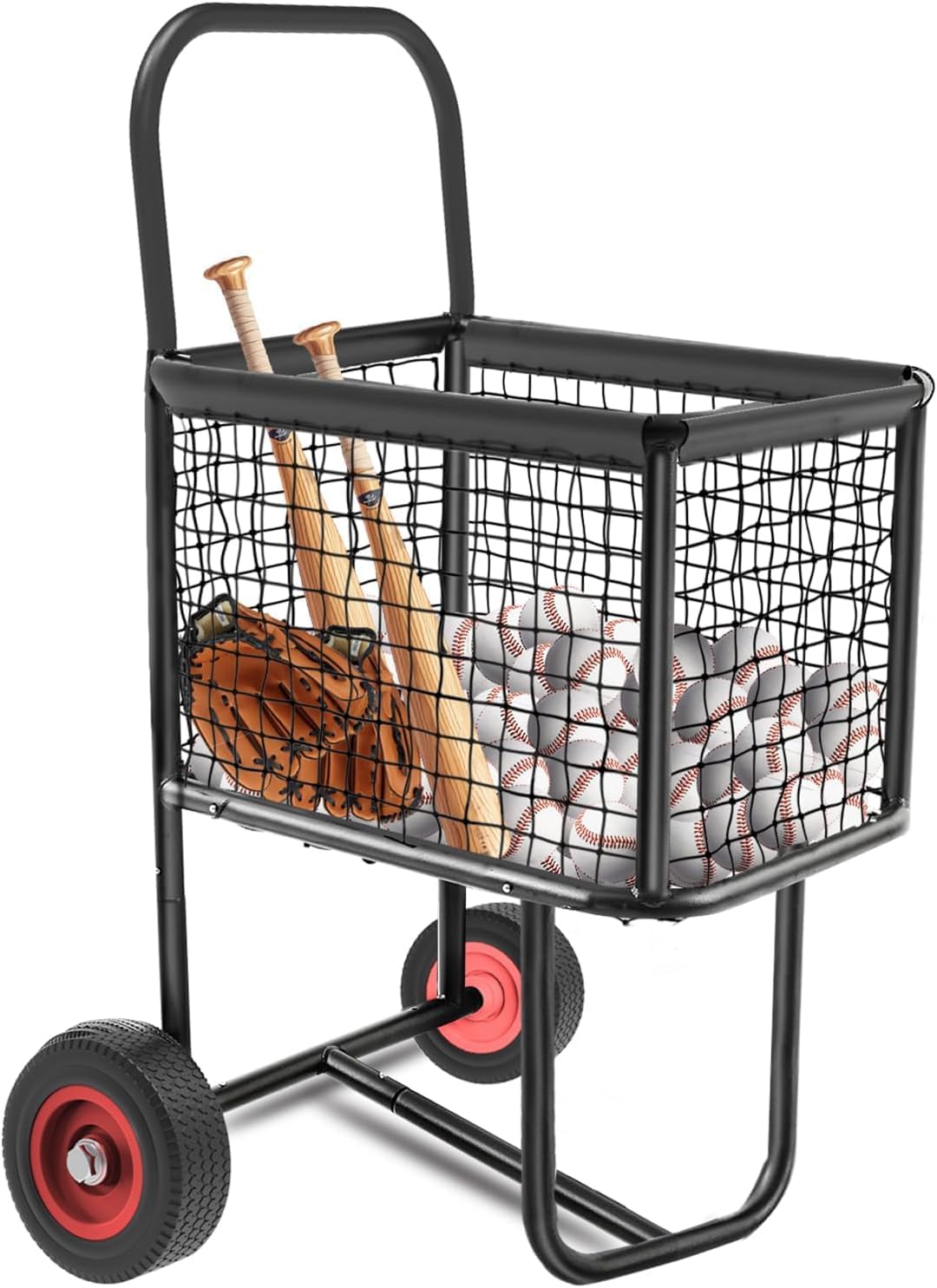 Wheeled sports ball cart – holds 300 baseballs or 150 softball balls; large capacity, durable steel frame, puncture-proof tires; suitable for schools, clubs, and indoor/outdoor training facilities.