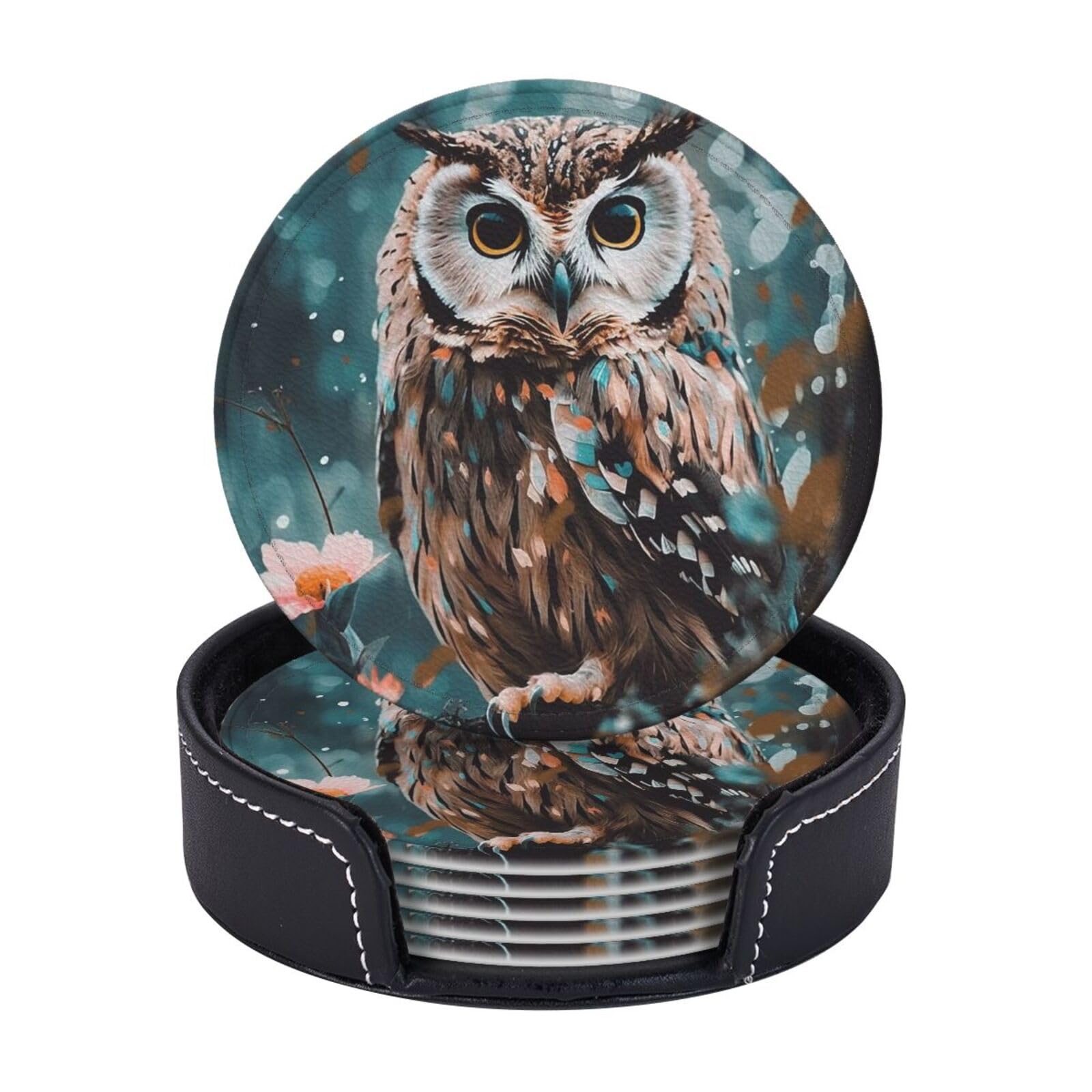 6Pcs PU Leather Coaster for Drinks, Animal Cute owl Cup Coasters with Holder, Aesthetic Drink Coasters for Coffee Table, Round Coaster for Tabletop Protection 4" Cup Mat Pad