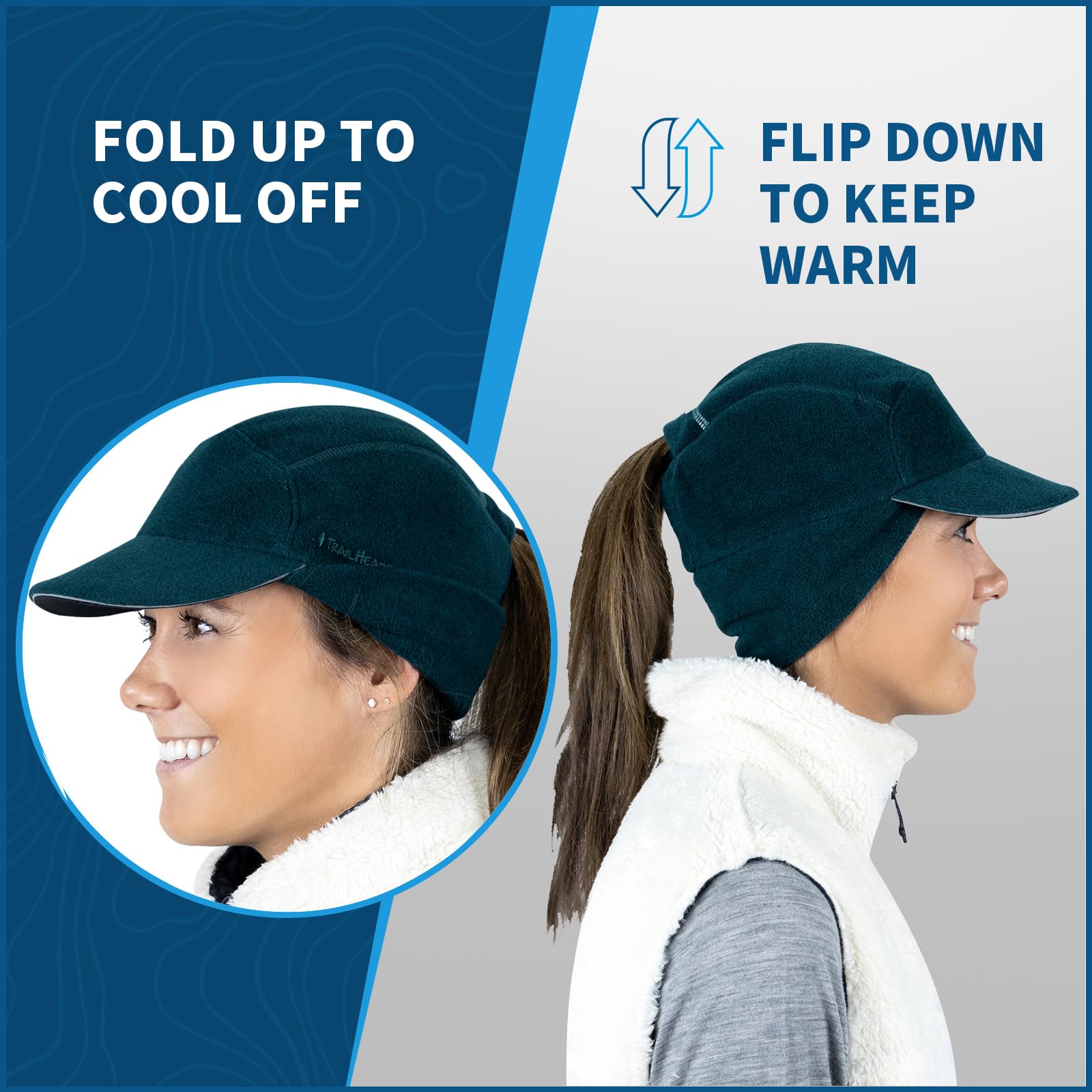 TrailHeads Fleece Ponytail Hat for Women – Trailblazer Reflective Winter Hat with Ponytail Hole for Workouts, Teal
