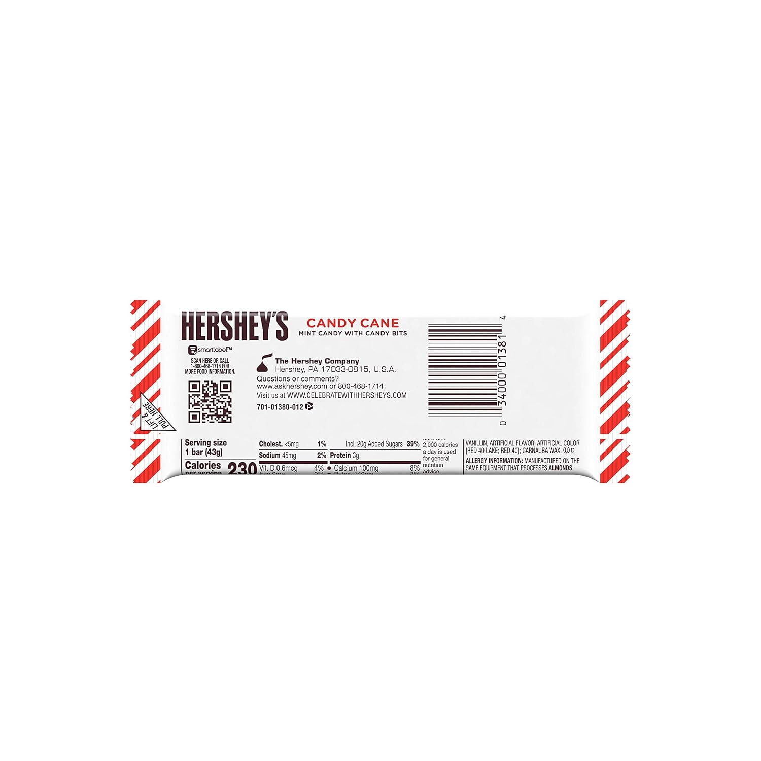 HERSHEY'S Holiday Candy Cane Bar, Mint with Candy Bits 1.55 oz. (Pack of 24)