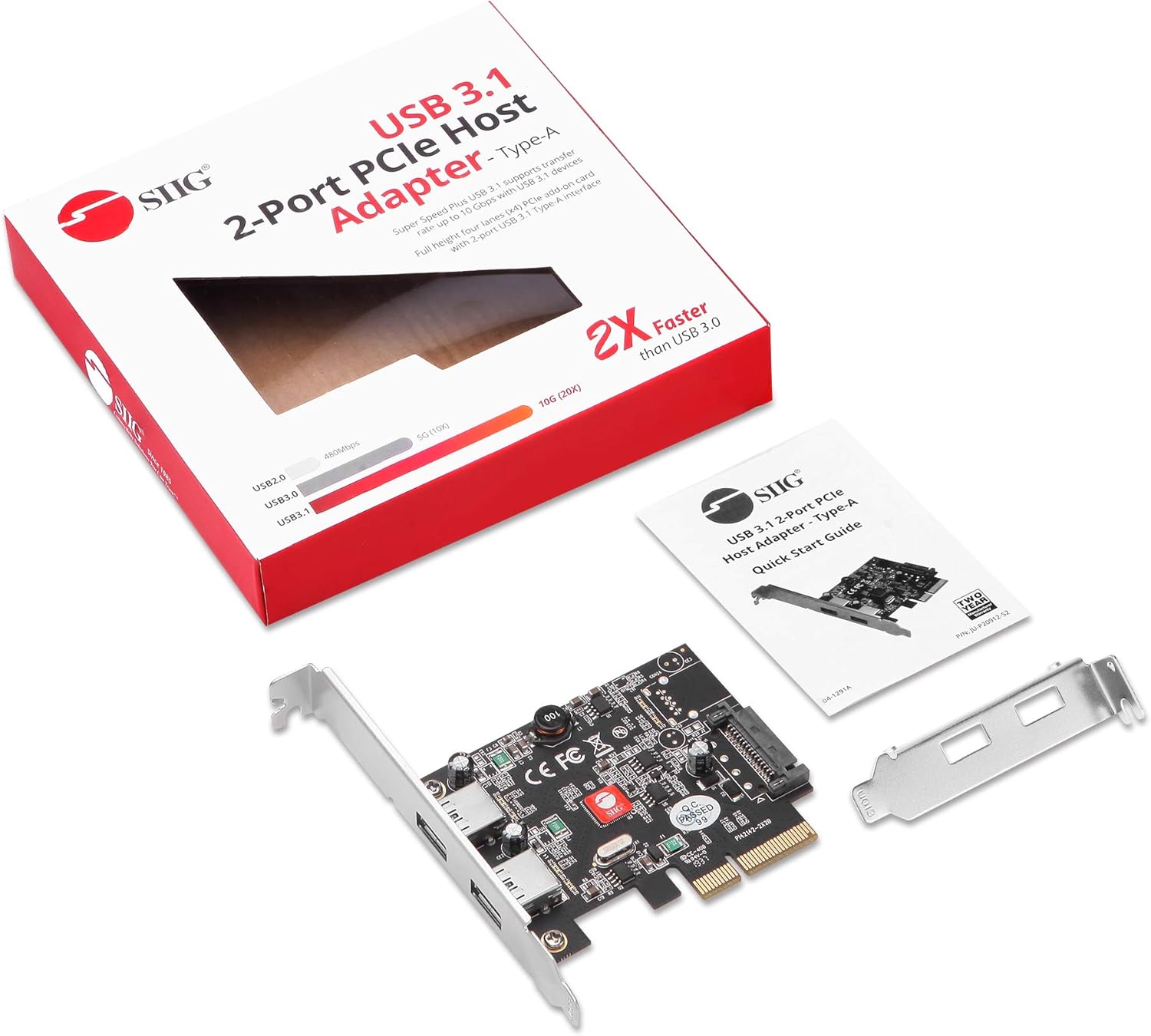 SIIG 2-Port USB 3.1 PCIe Card, PCIe 3.0 x4 to Two USB 3.1 Gen 2 Type-A, 10Gbps & 5V/900mA per Port, UASP, Over-Current Protection, Asmedia ASM3142 Chipset, Dual-Profile Brackets (JU-P20912-S2)