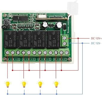 12V Relay Remote Switch Wireless RF Remote Control Switch 4 Channel Relay Module 433Mhz Transmitter Receiver Kit Universal Remote Controller for Lights Ceiling Fan Garage Door Opener Gate Car & More