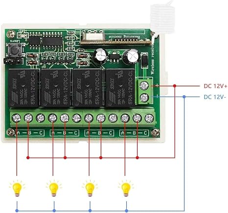 12V Relay Remote Switch Wireless RF Remote Control Switch 4 Channel Relay Module 433Mhz Transmitter Receiver Kit Universal Remote Controller for Lights Ceiling Fan Garage Door Opener Gate Car & More