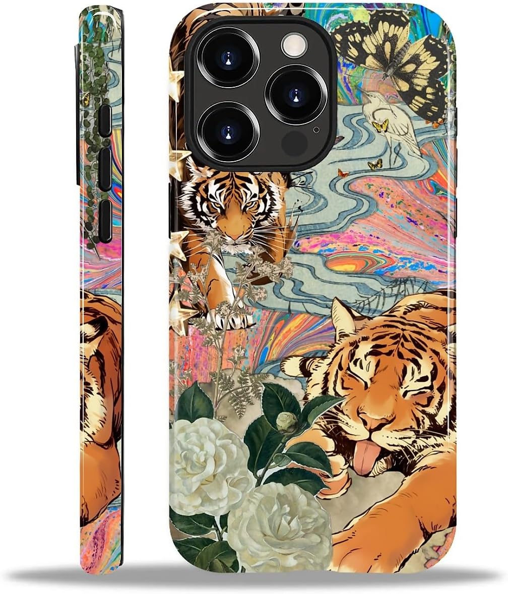 Case for iPhone 15 Pro Max, Hybrid Heavy Duty 2 in 1 Full Body Rugged Shockproof Protection Glossy Case for iPhone 15 Pro Max - Fun Tiger Butterfly Collage