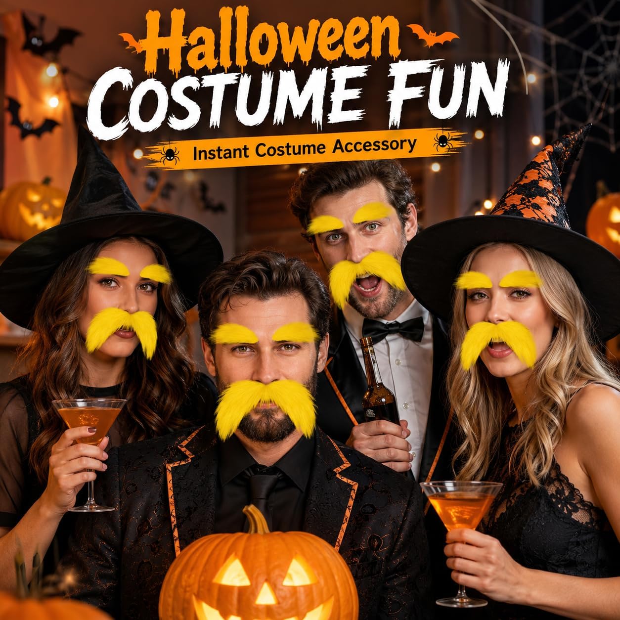 RAINFLOW 3 Pairs Yellow Mustache and Eyebrows - Self Adhesive Reusable Costume Accessories, Funny Halloween Costume Cosplay Set for Adult Women Men, Party Character Beard Dress Up
