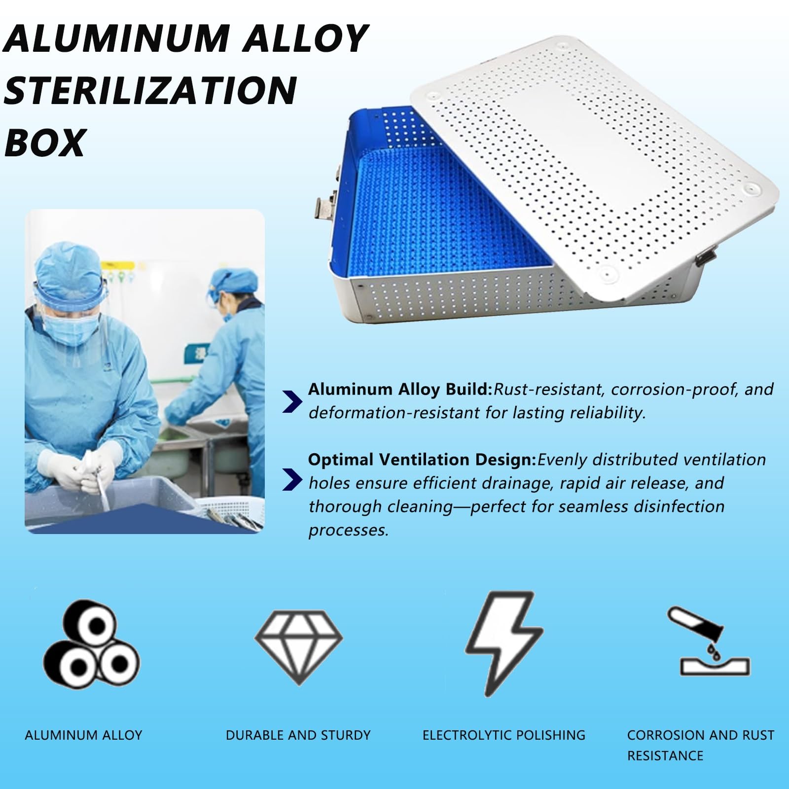 Caja de Esterilización de Aluminio con Mata de Silicona y Tapa Cerradura, 42,4 cm L × 26 cm A × 8,9 cm H, Caja de esterilización Liviana para Equipos quirúrgicos móviles(White)