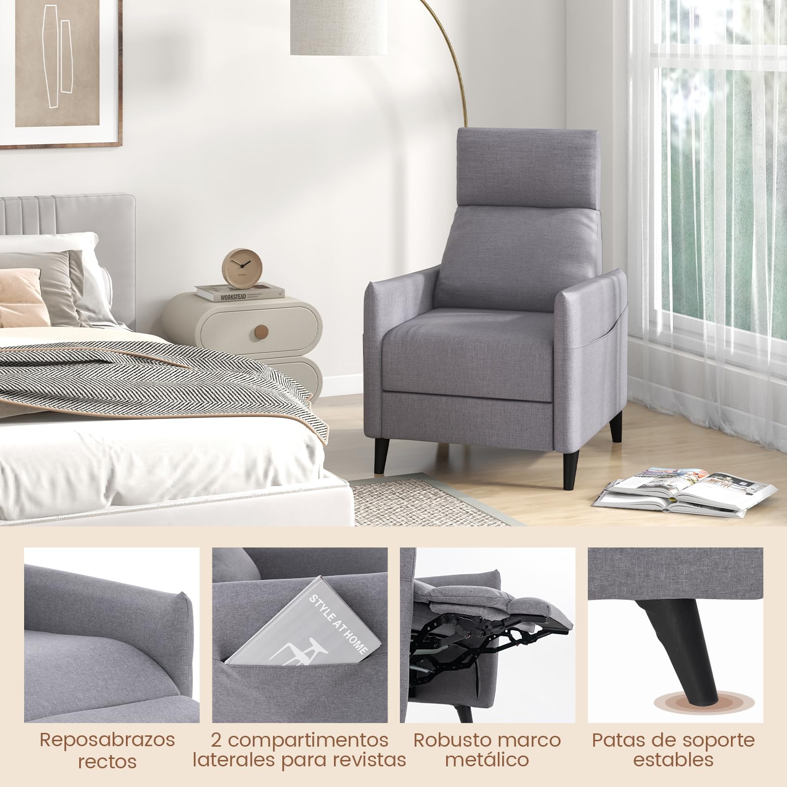 COSTWAY Sillon Relax Reclinable 102/112/140°, Respaldo y Reposapiés Ajustables, Tela de Lino, Sillones para el Salón con Asiento Acolchado Suave, Sillon Orejero (Gris Claro)