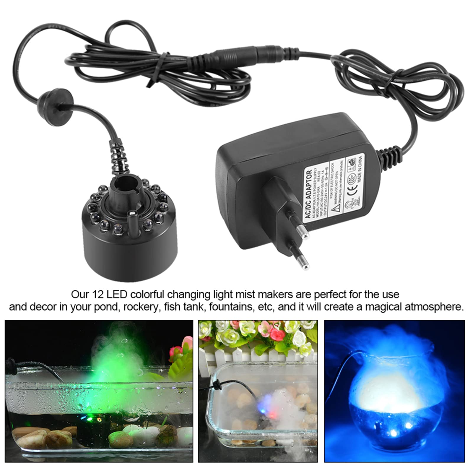 Akozon Creatore di Nebbia, per Laghetto con Fontana d'Acqua con Adattatore Nebler di Alimentazione 110 240 V Spina Americana 1 Pezzo 12 LED Creatore di Nebbia Colorato