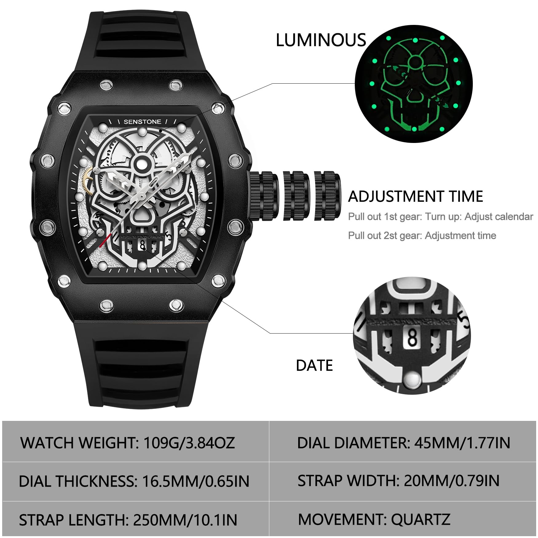 senstone Mens Watches Retro Punk Skull Tonneau Design Analog Unique Skeleton Sports Quartz Wrist Watch for Men with Luminous Rubber Strap Silicone Band - Black