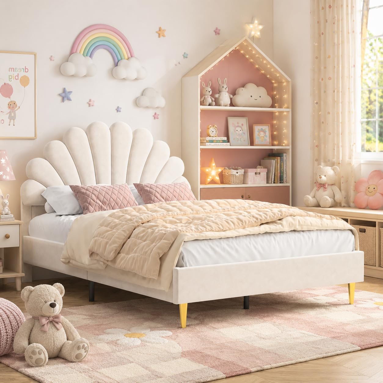 Polsterbett Kinderbett 140x200 cm, Doppelbett mit Lattenrost und Verstellbares Kopfteil in Blumenform, Mädchen Bett aus Holz, Samtstoff, Bett für Schlafzimmer, Ohne Matratze, Beige