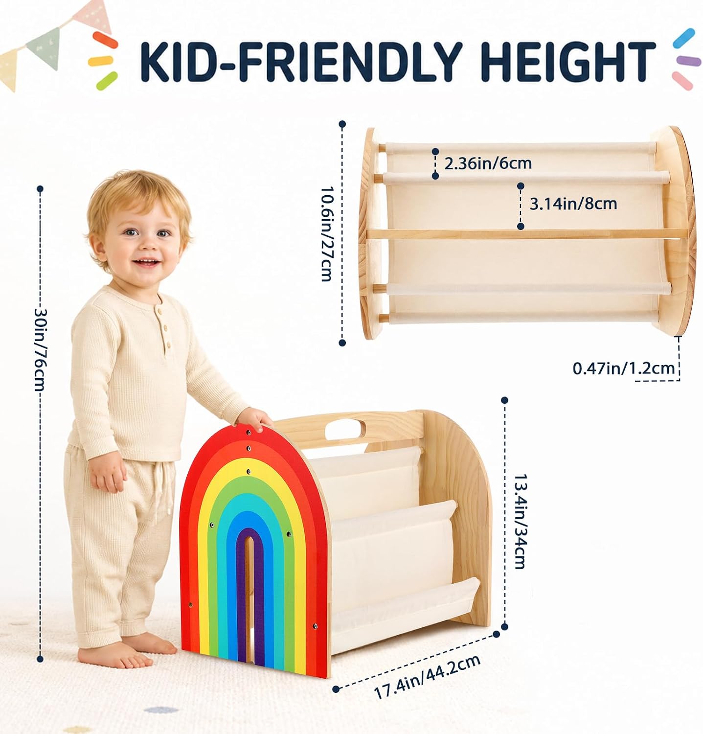 Rainbow Double-Sided Bookshelf with 4 Tier Deep Sleeves Wood Books Organizer Rainbow Wooden Montessori Book Rack Book Shelf Books Display Shelves for Daycare Nursery Room Playroom Classroom Bedroom