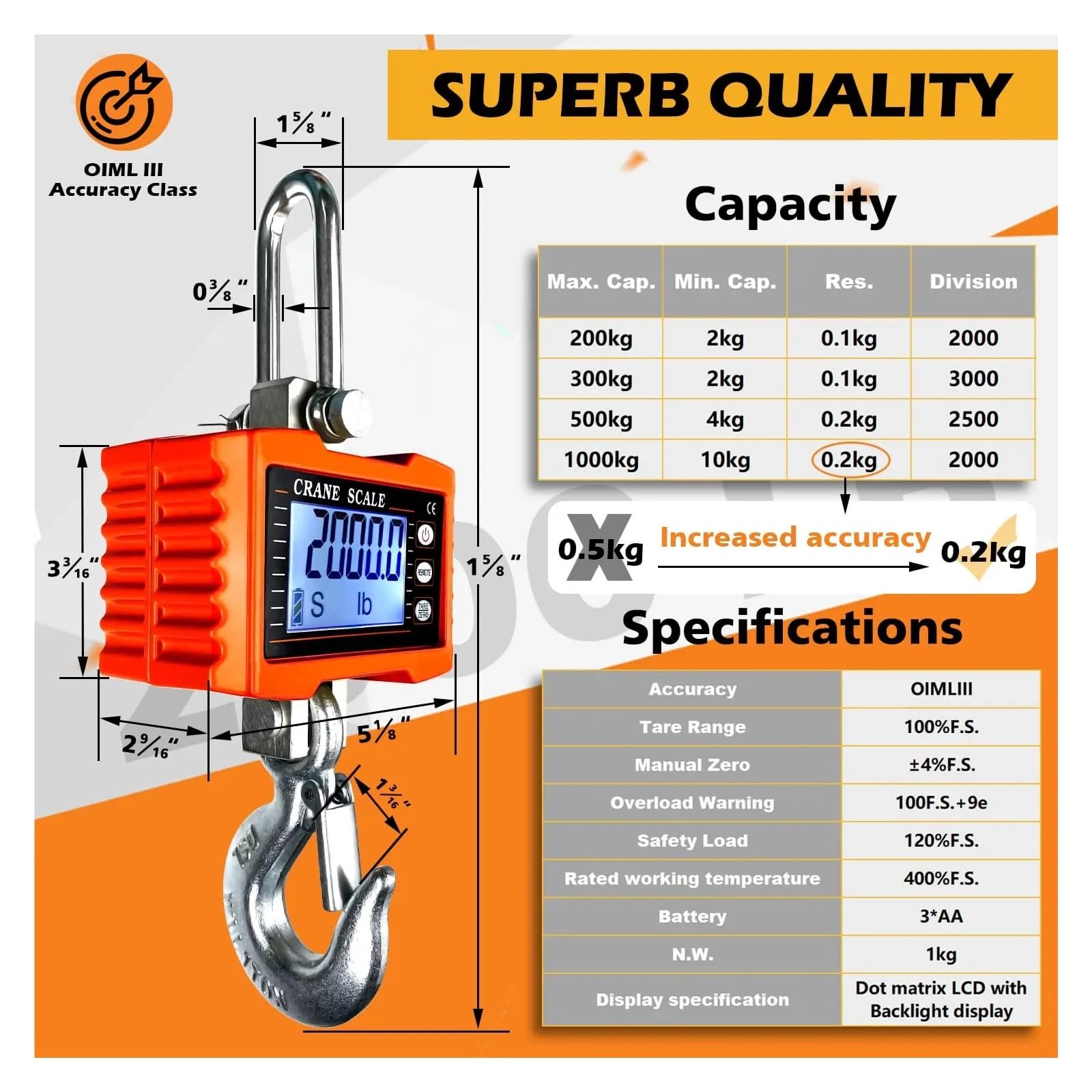 Bilancia digitale sospesa 1000 kg/2204 libbre for gru portatile for impieghi gravosi a gancio industriale con retroilluminazione LCD Cambio unità/Mantenimento dati(Orange)
