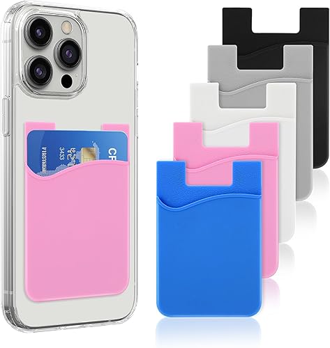 Paquete de 5 carteras para teléfono, tarjetero de silicona para la parte posterior del teléfono, fundas para tarjetas de crédito, bolsillo para