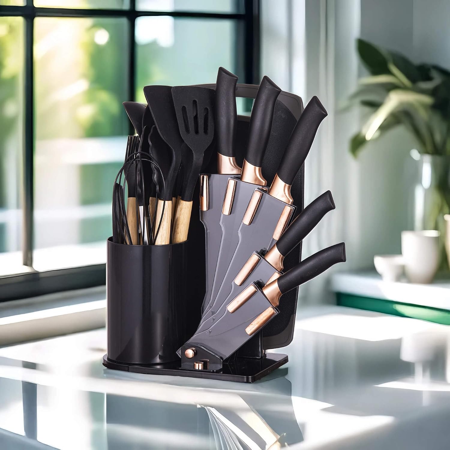 19-Piece Kitchen Utensil and Knife Set with Fan Holder, Black