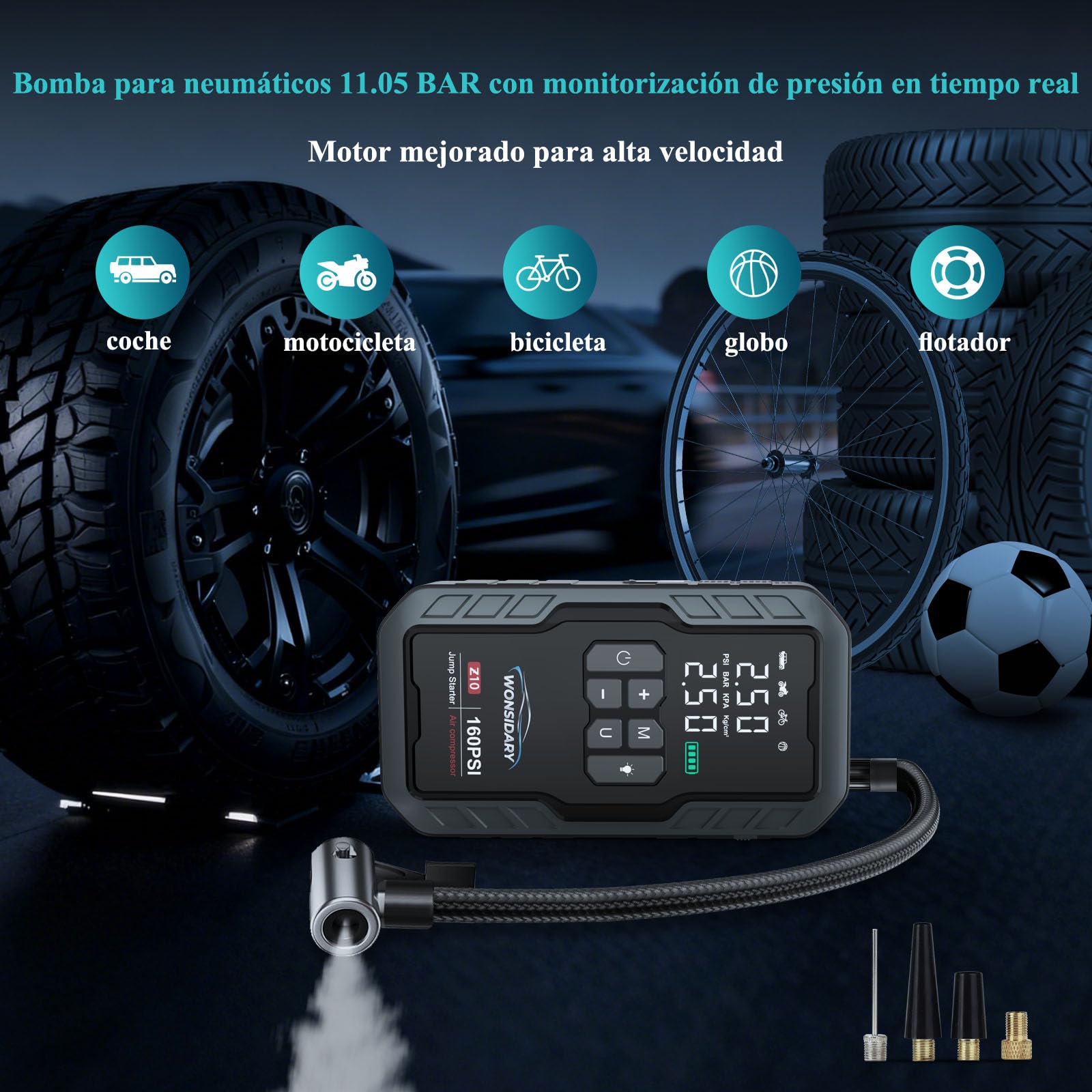 Arrancador de Baterias de Coche 7000A con Compresor,160PSI Inflador de Neumáticos,27000mAh 12V Jump Starter (Todo Gasolina o 8.0L Diésel),Doble LED con 4 Modos de Luz,Pantalla LCD, Kit de Viaje