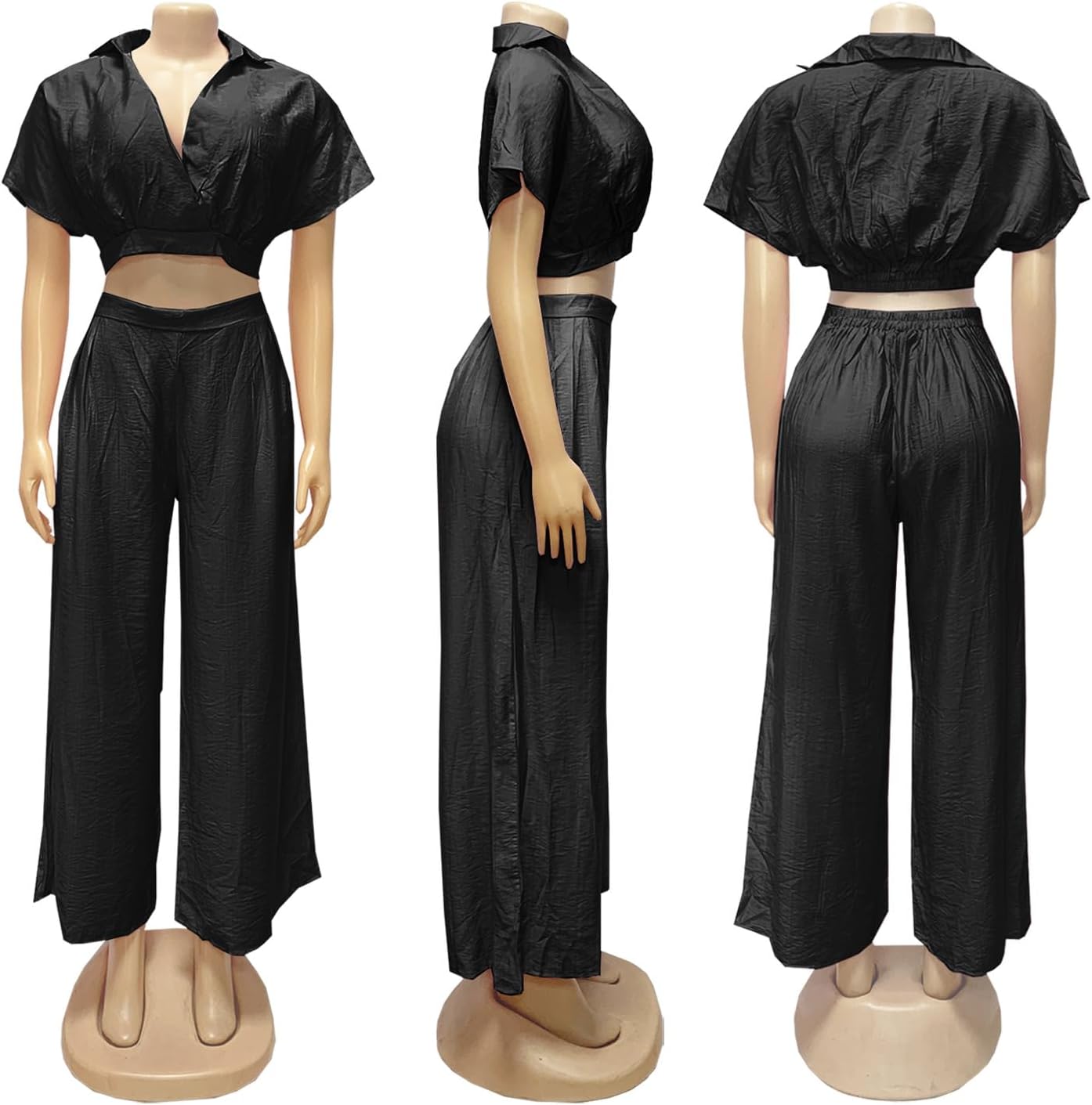 Yuopeid Two Piece Sets for Women Lapel V Neck Waisted Loose Top and High Waisted Stretchy Wide Leg Pants - Image 4