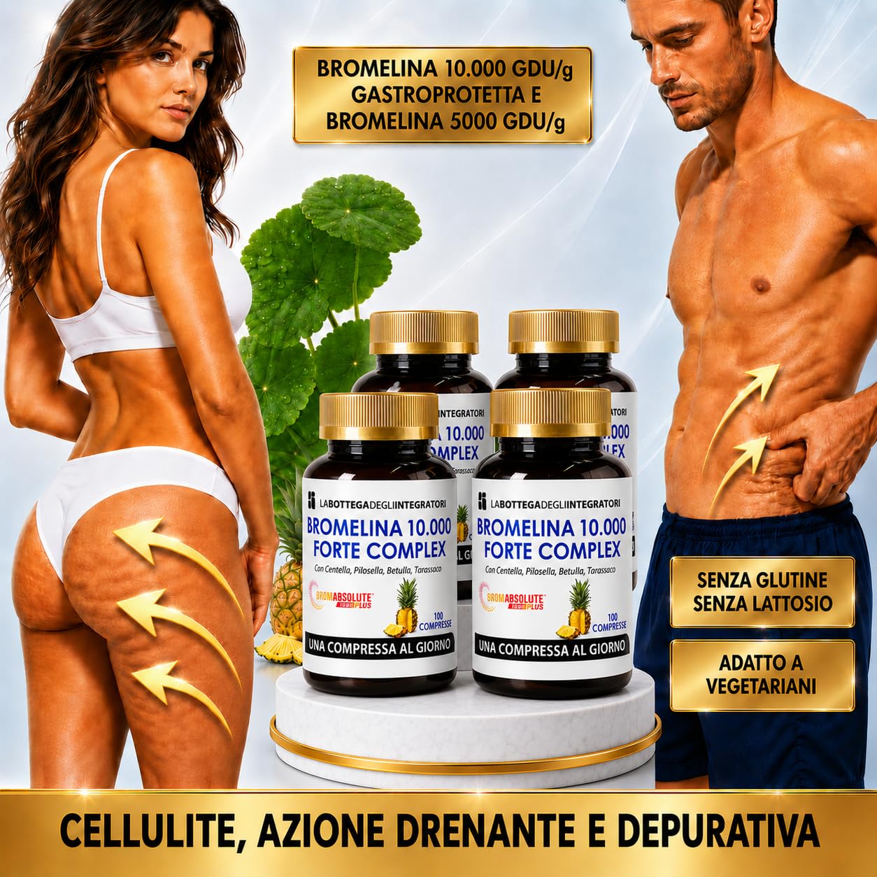 BROMELINA 5000 GDU/g con BROMELINA 10.000 GDU/g GASTROPROTETTA Tarassaco Centella Pilosella Betulla | INTEGRATORE CELLULITE DRENANTE 400 Compresse 1 al dì