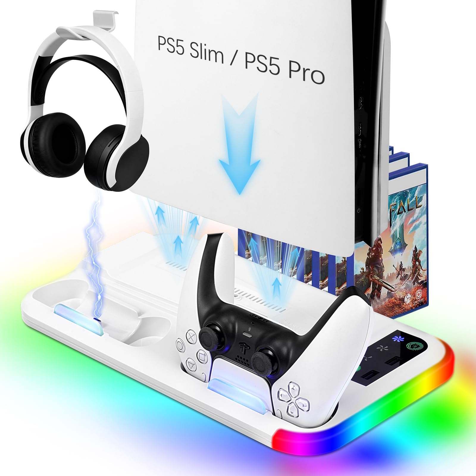 Supporto PS5 Slim/PS5 Pro con Ventola & Luce RGB, PS5 Stazione di Raffreddamento Supporto di Ricarica con Controller Ricarica Stazione di ricarica per PS5-Slim/PS5 Pro Disc & Digitale Edizione