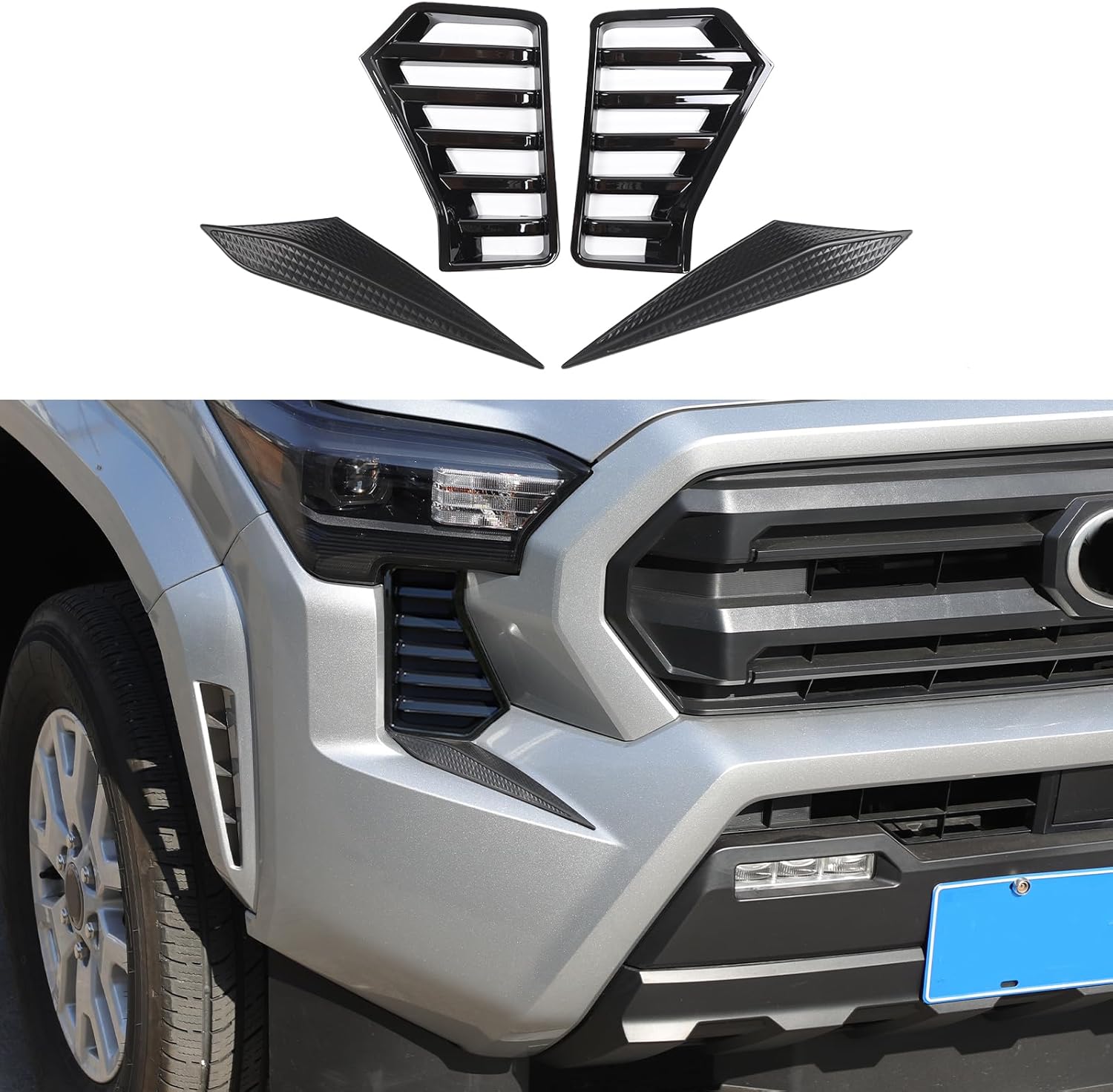 Daeiclru Front Side Grille Patch Compatible with Toyota Tacoma 2024 2025 2026, Front Bumper Side Fog Lamp Light Cover Fender Grille Decor Moulding Cover Trim Exterior Accessories (Black Kit)