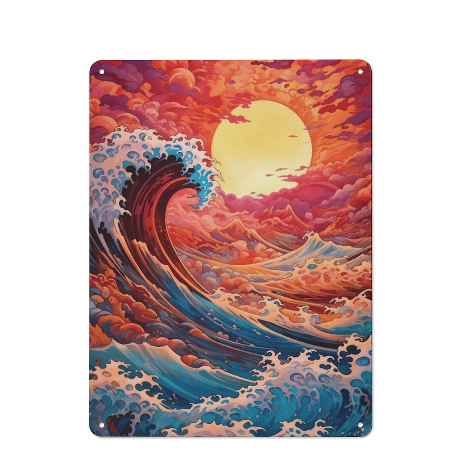 Junmoney The Great Wave Kanagawa For Lounge Or Reading Corner, Rustic Tin Sign 40X30cm, For An Autumn Update To Lounge And Reading Corner
