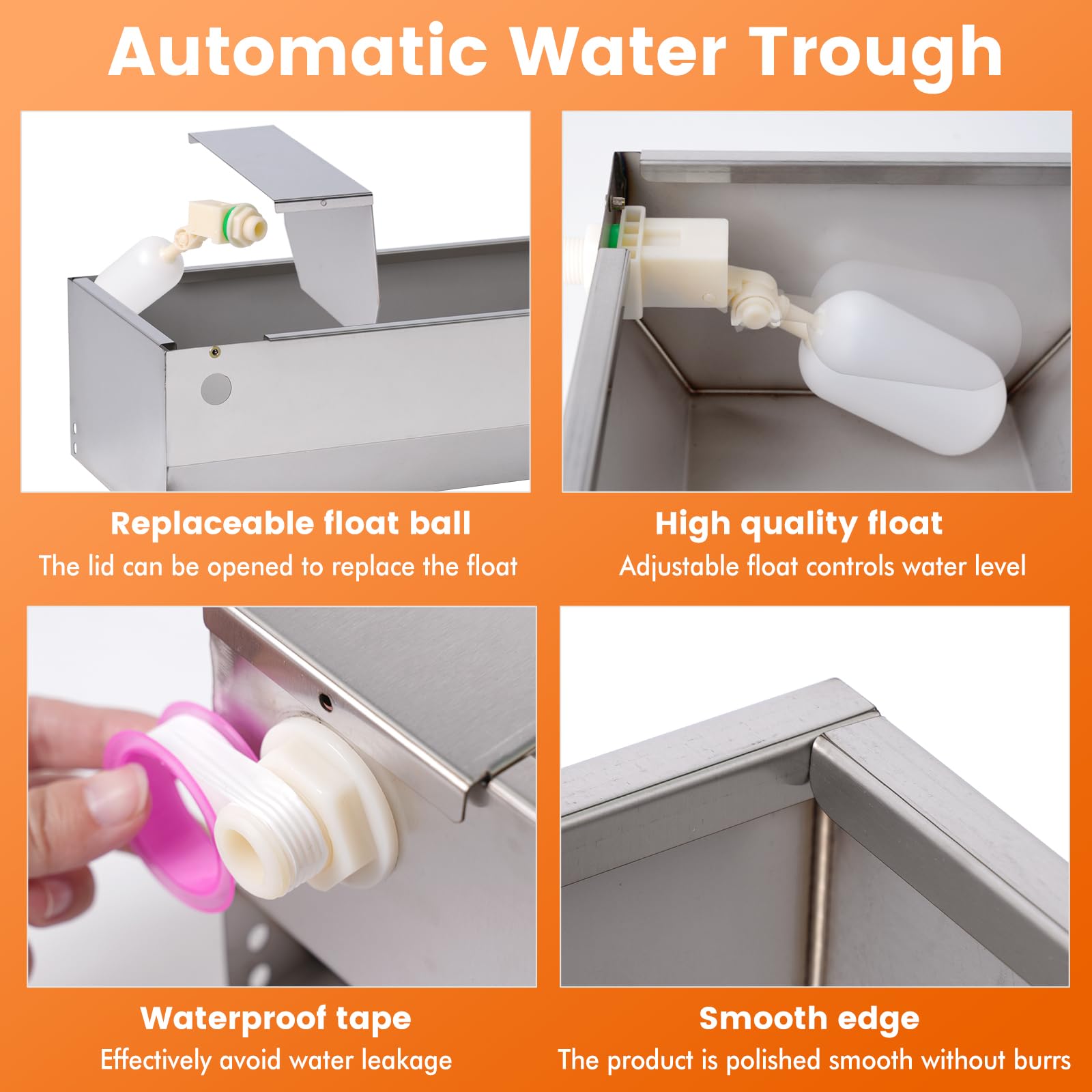 Canal automático de agua para ganado, tanque de agua para perros de gran capacidad, dispensador de cuenco de agua potable de acero inoxidable con kit de válvula flotante para caballo, cabra,