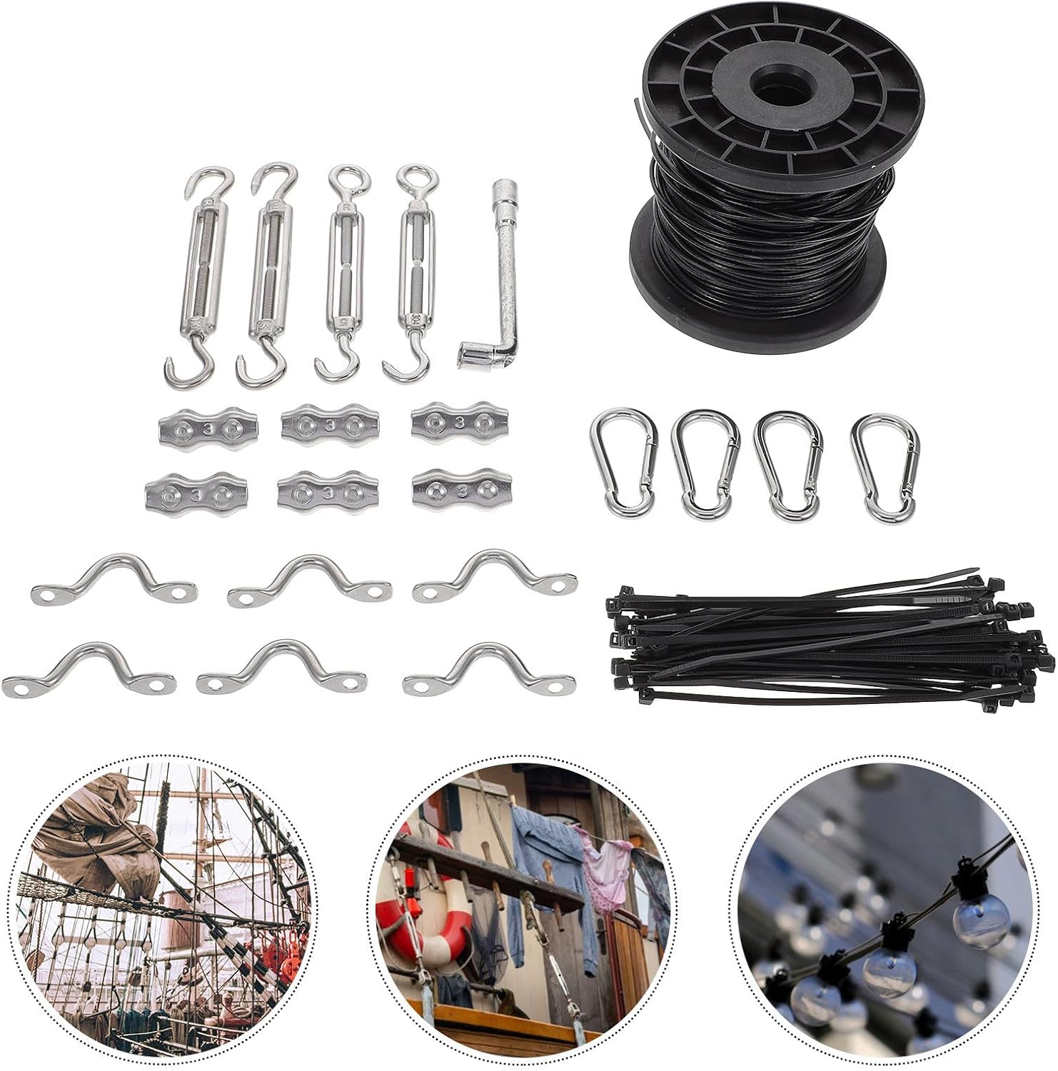 Outdoor String Lamp Hanging Kit with Black PVC and Stainless Steel Threaded Cable Tensioner, Easy to Install and Rust Corrosion Resistant, for Deck Cable Railing and Outdoor