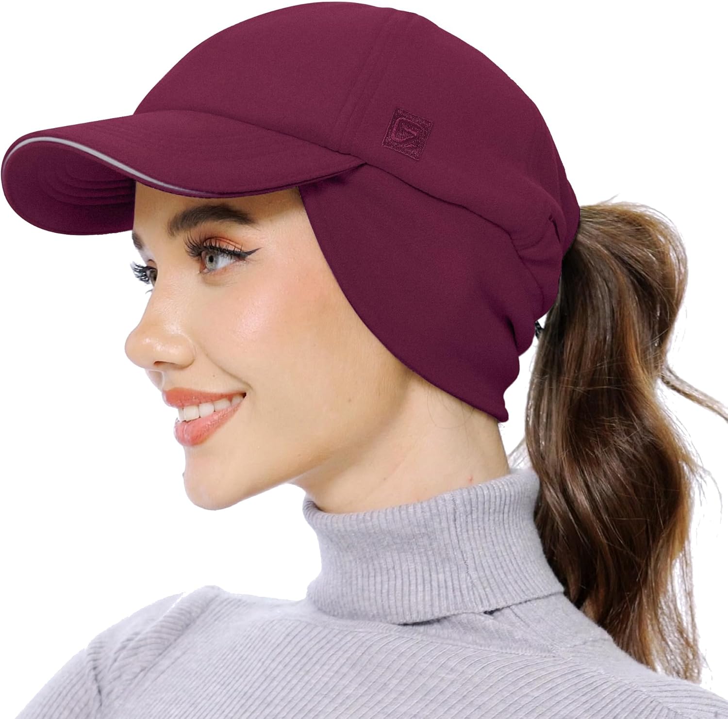 GADIEMKENSD Women's Fleece Ponytail Hat - Reflective Winter Hat with Flip Down Ear Warmer, Vertical Ponytail Hole, Adjustable