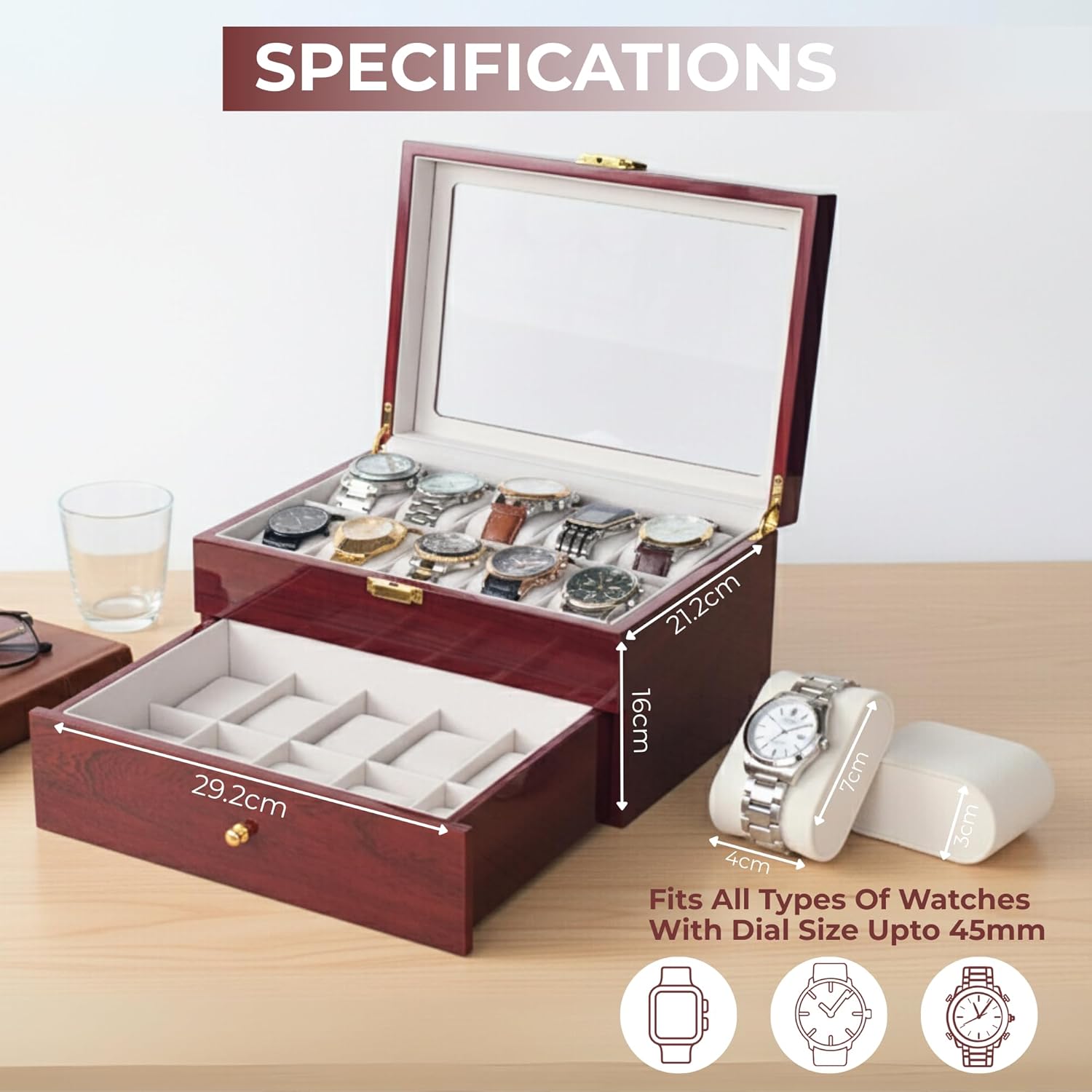 High End Rosewood Watch Box with Velvet Lining 20 Slots, 2 Layer Watch Holder Organizer with Glass Lid & Removable Cushions, Luxury Watch Case for Men Women, Ideal Gift for Watch Display & Storage