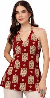 LABEL ADRIJA Women's Pure Cotton Backless Sleeveless Short Kurti Top for Women with Knots Printed Halter Neck Straight | S... Price In India