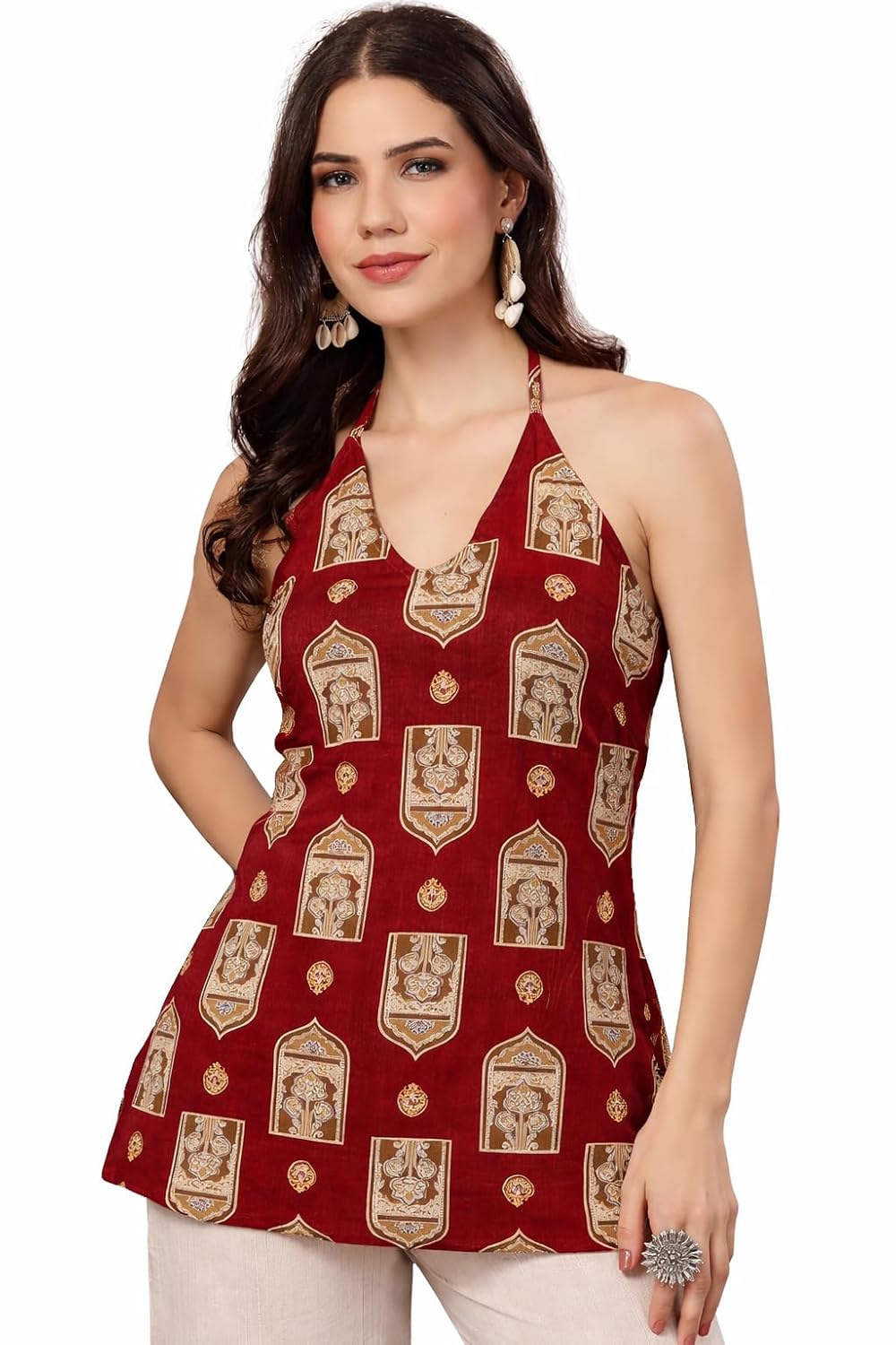 LABEL ADRIJA Women's Pure Cotton Backless Sleeveless Short Kurti Top for Women with Knots Printed Halter Neck Straight | S... - Review, Price and Buying Guide