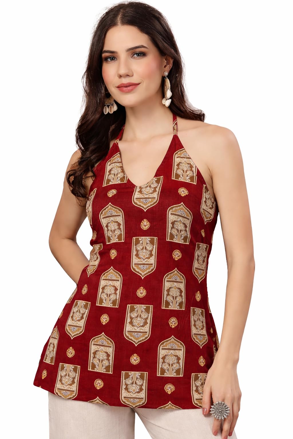 label adrija Women Pure Cotton Printed Halter Neck Straight Top | Sleeveless Ethnic Summer Tunic for Casual-picture-34