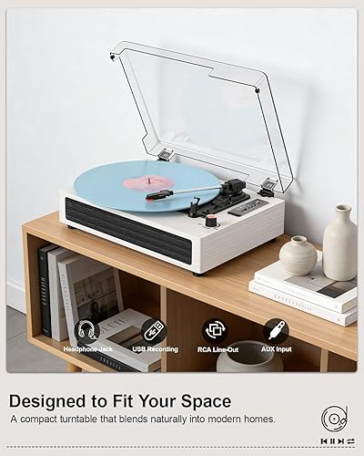 Miniatura 6 de Tocadiscos de vinilo Bluetooth, reproductor de vinilo retro de 3 velocidades con altavoces integrados, entrada AUX, parada automática, grabación
