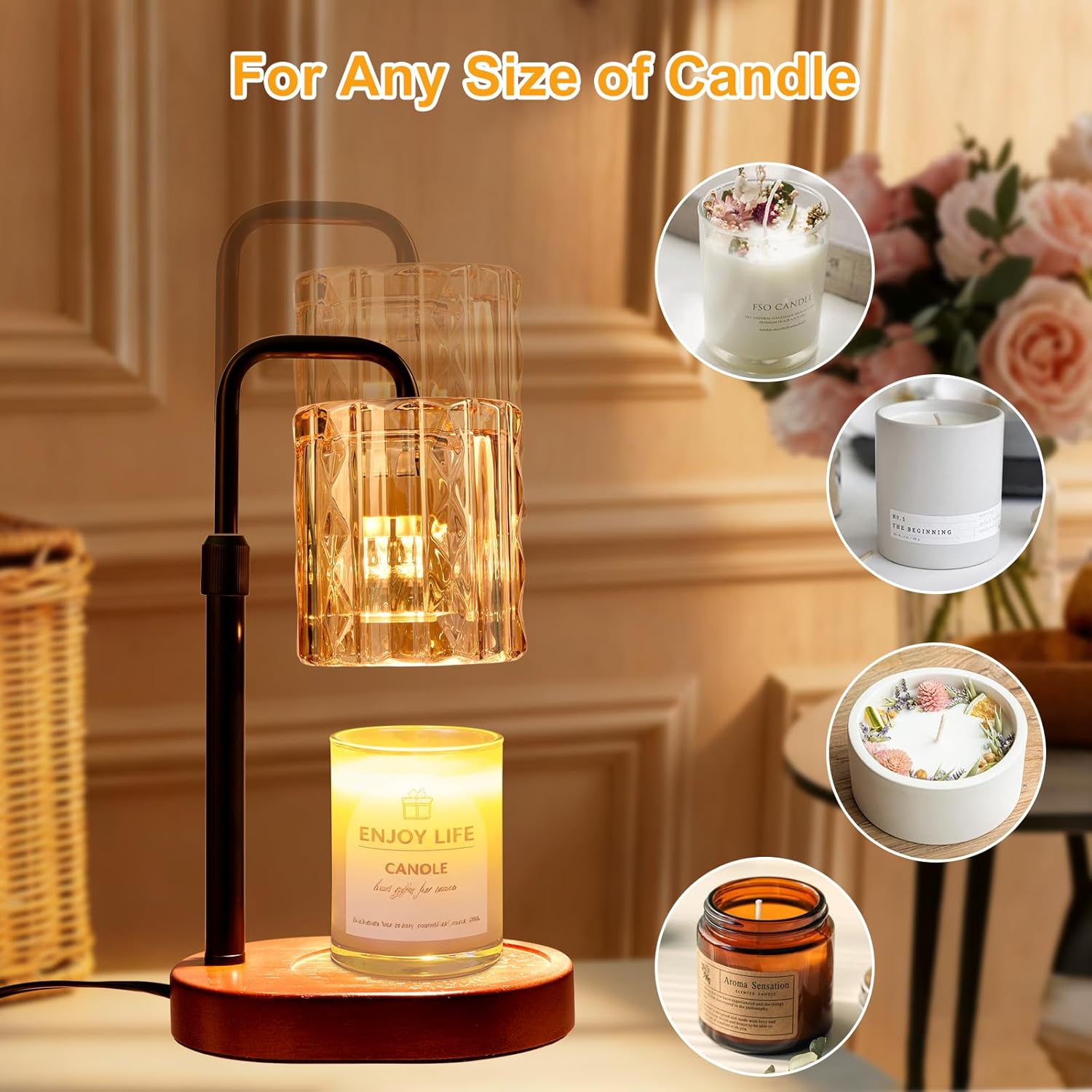 Candle Warmer Lamp with Timer and Dimmer 4-Level Dimmable Flower Light Heat Lamp for Jar Candles Adjustable Height Modern Cute Home Decor for Living Room Bedroom(Gold-Square)