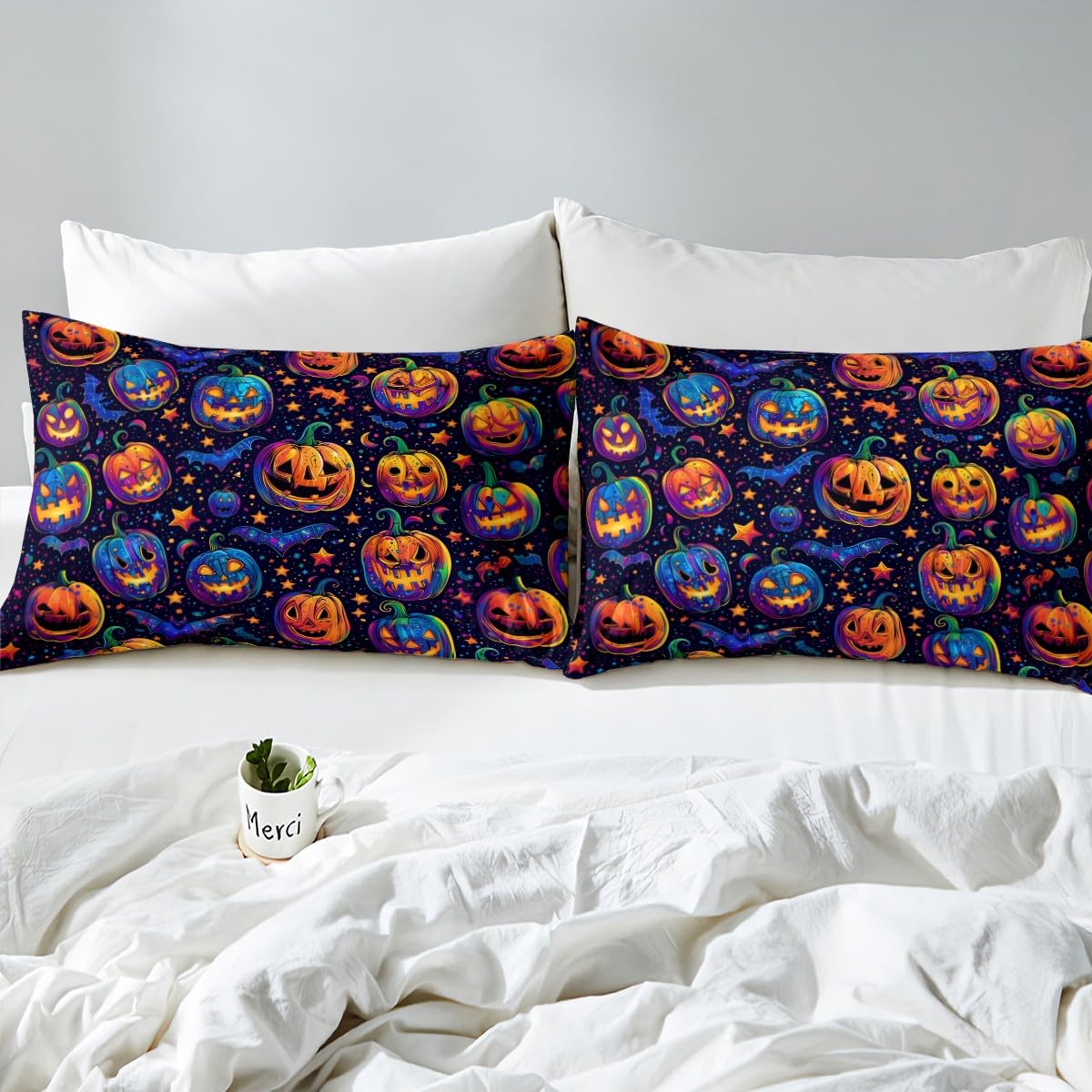 Loussiesd Happy Halloween Pumpkin Bedding Set King Size Halloween Themed Duvet Cover Set for Kids Boys Girls Horror Spooky Pumpkins Comforter Cover Soft Halloween Bats Quilt Cover - Image 4