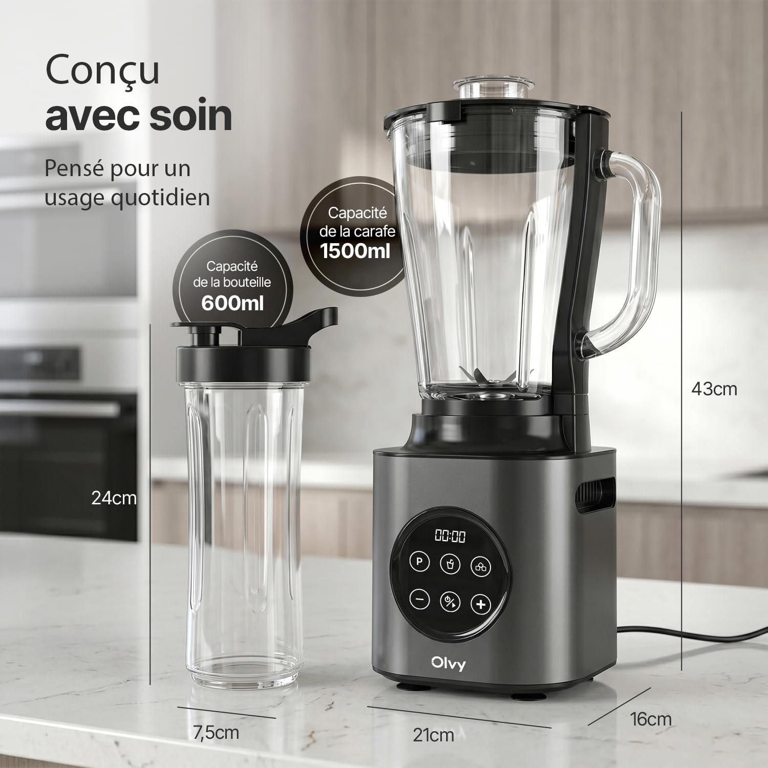 Olvy Blender Chauffant Mixeur Bol Verre Glace Pilee | 1 Appareil | Gris 1000W 1500ml 9 Vitesses | Smoothie Familial & Sport | Gourde Nomade Sans BPA