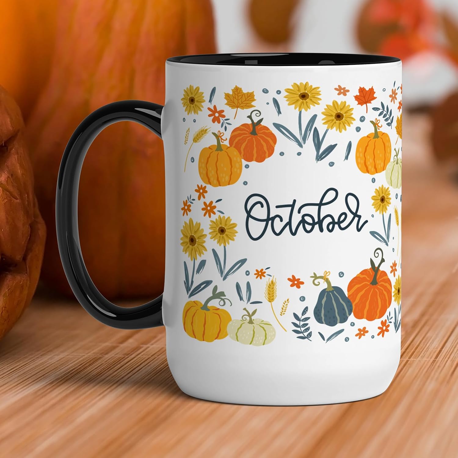 GotPrint Halloween October Season Themed Mug, Halloween Coffee Mugs, Ceramic Ceramic Coffee Cups, Drinkware Novelty Tea Cup Autumn Gifts for Fall Holiday, Thanksgiving, Birthday, Black Trim, 15oz