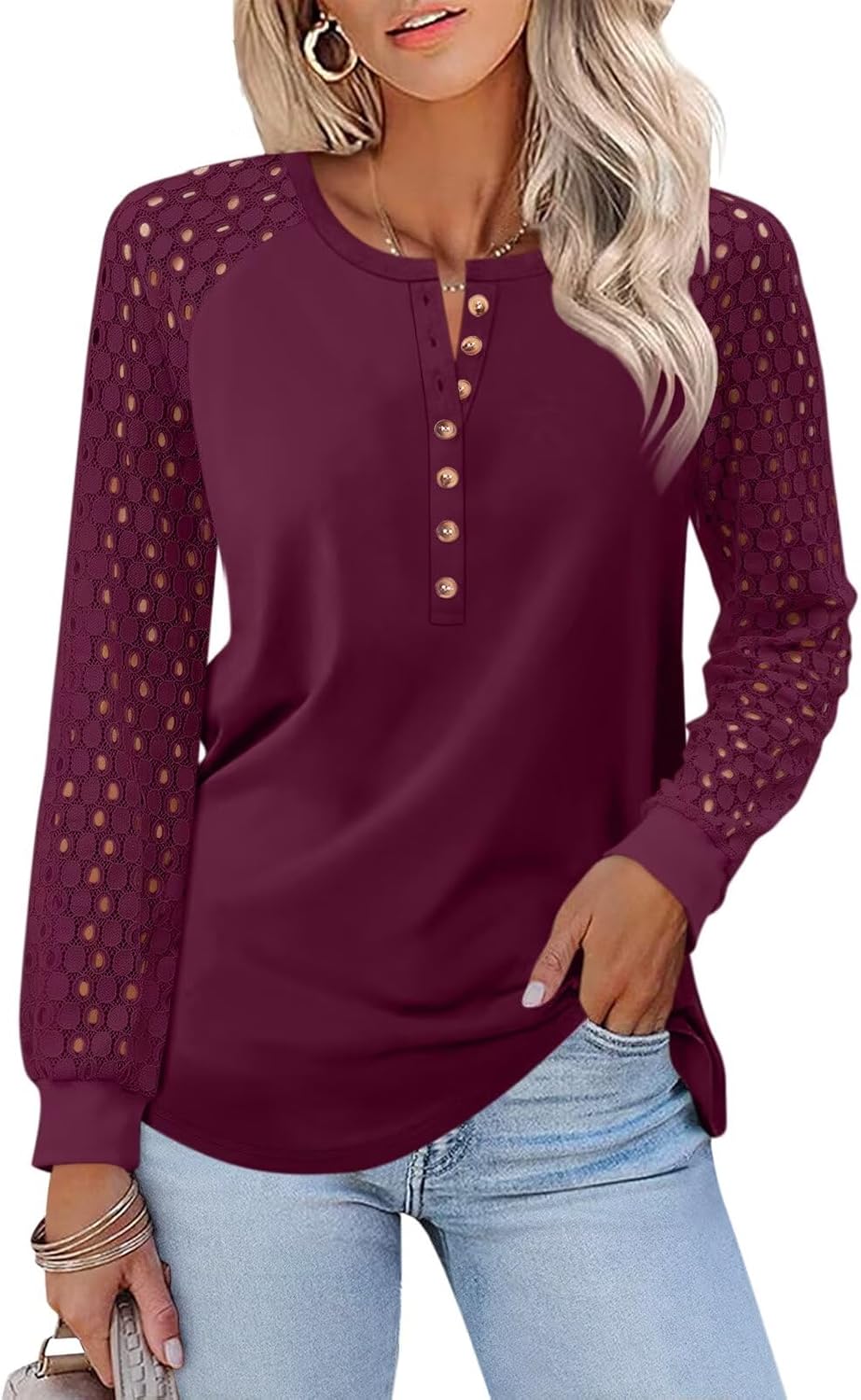 Women's Lace Long Sleeve Shirts Henley Crewneck Tops Business Casual Fall Blouses
