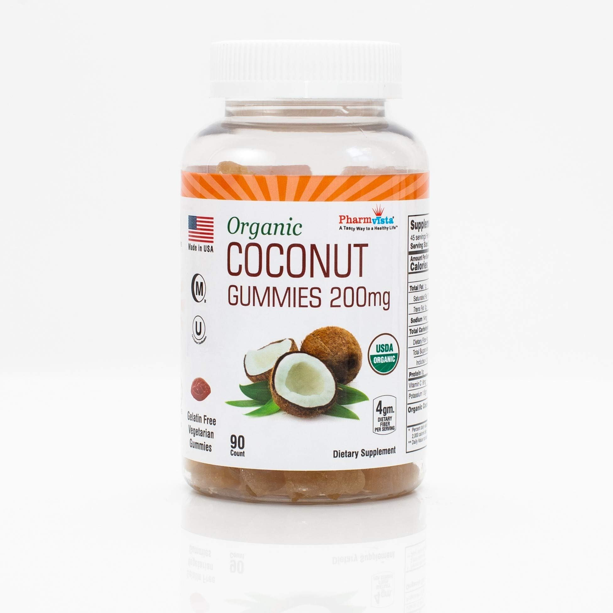 Organic Coconut Gummies 200mg - Gluten Free, Fiber Rich, Vegan Gummies - 90 Count