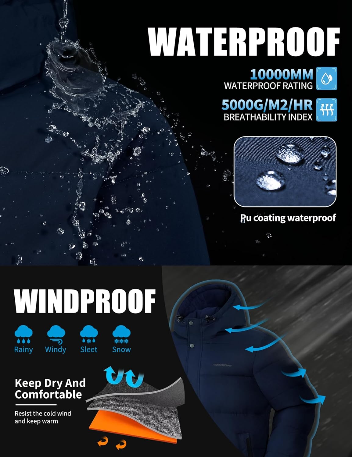 Pioneer Camp Mens Winter Coat Warm Winter Puffer Jacket Waterproof Thicken Insulated Windproof Hooded Down Quilted Coat - Image 4