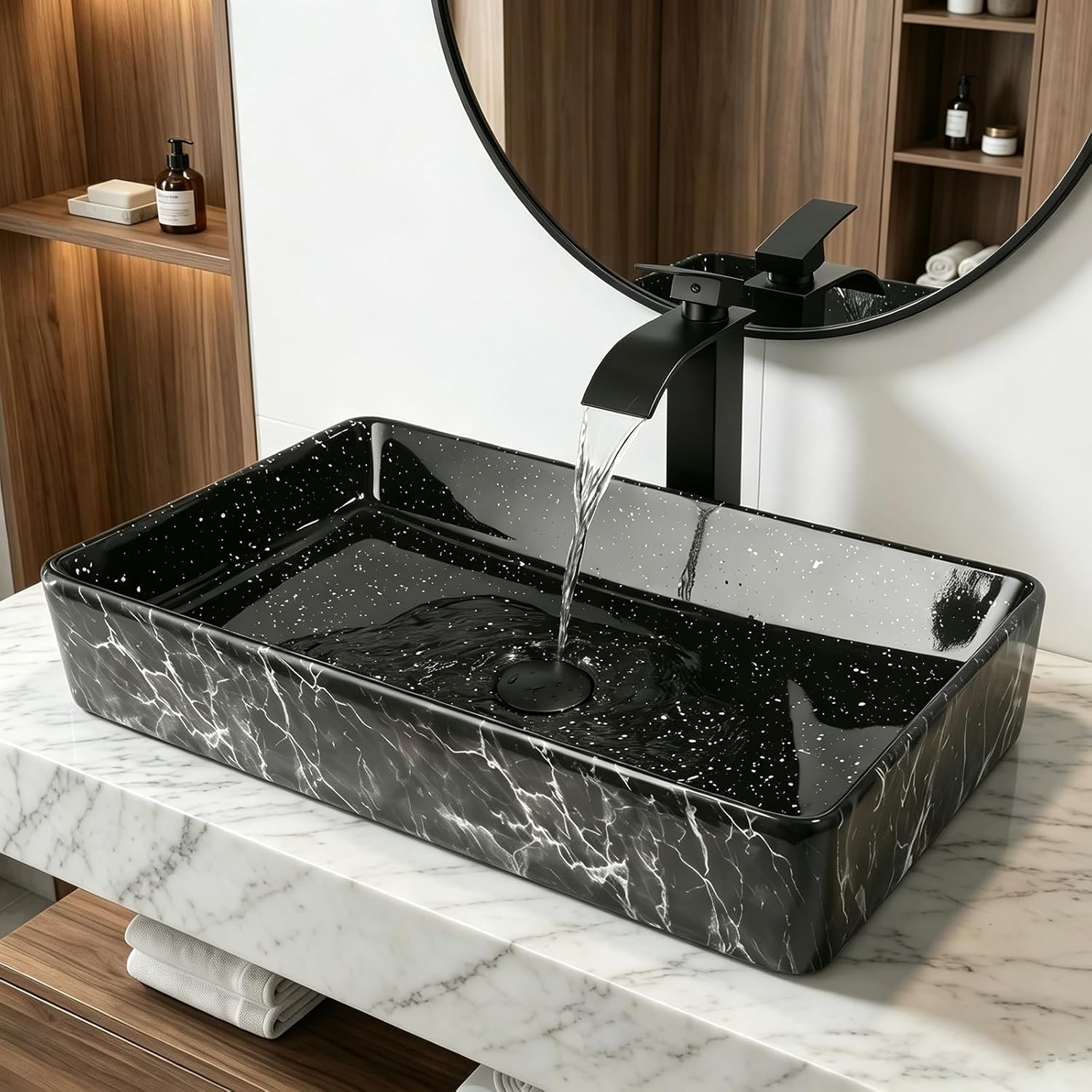 24 Inch Ceramic Bathroom Vessel Sink Above Counter with Faucet and Drain Combo, Black Rectangle Sink Bowl for Vanity