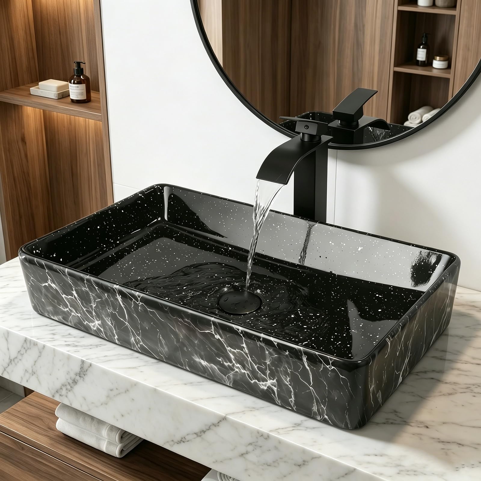 Photo 1 of Zoyueyu 24 Inch Ceramic Bathroom Vessel Sink Above Counter with Faucet and Drain Combo, Black Rectangle Sink Bowl for Vanity