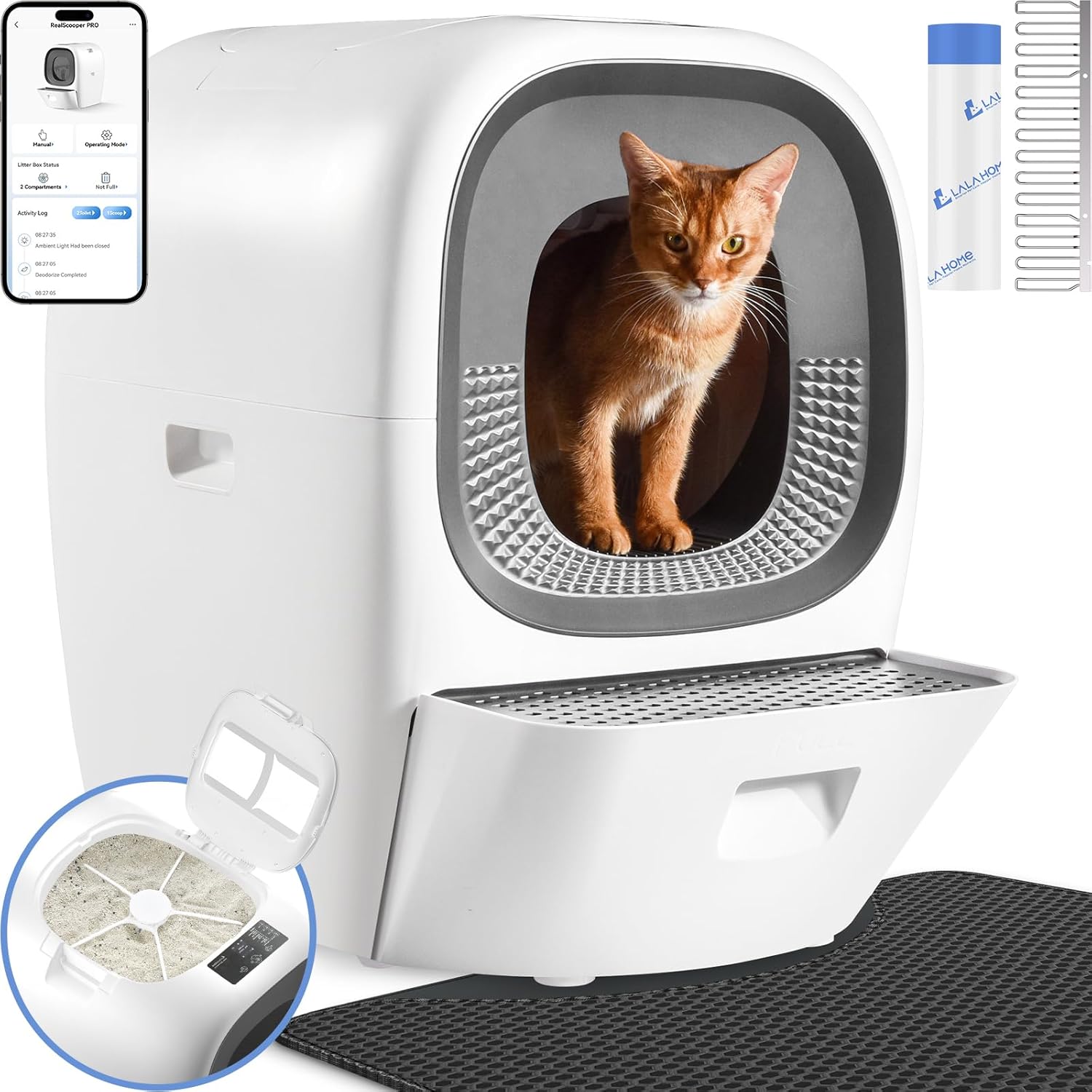 RealScooper Pro Automatic Self-Cleaning Litter Box for Multiple Cats - Upgraded Refill Tray, Odor-removal, App Control, Safety System, Smart Refill Rake & Scratching Mats