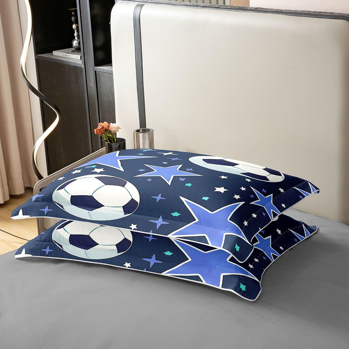 Homewish Chłopcy piłka nożna poszewka na kołdrę pojedyncza piłka nożna wzór bawełna zestaw pościeli gry w piłkę poszwa na kołdrę dla dzieci chłopców nastolatków dorosłych niebieska gwiazda granatowa