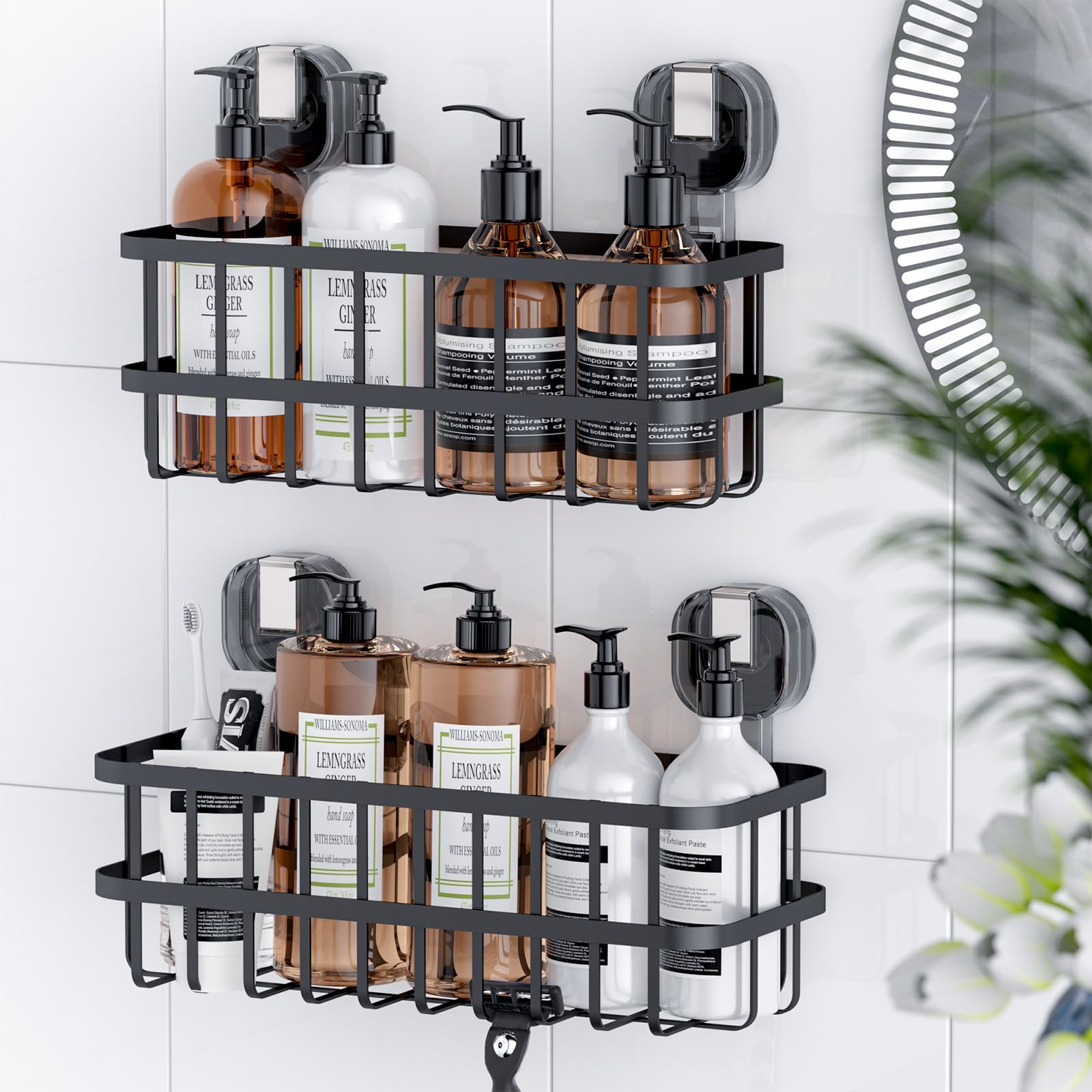 Suction Cup Shower Caddy, 2 Pack Shower Storage for inside Shower,No Drilling Removable Shower Shelf, Black Large&Small Shower Bathroom Caddy, Waterptoof and Rustproof, For Apartment&Kitchen
