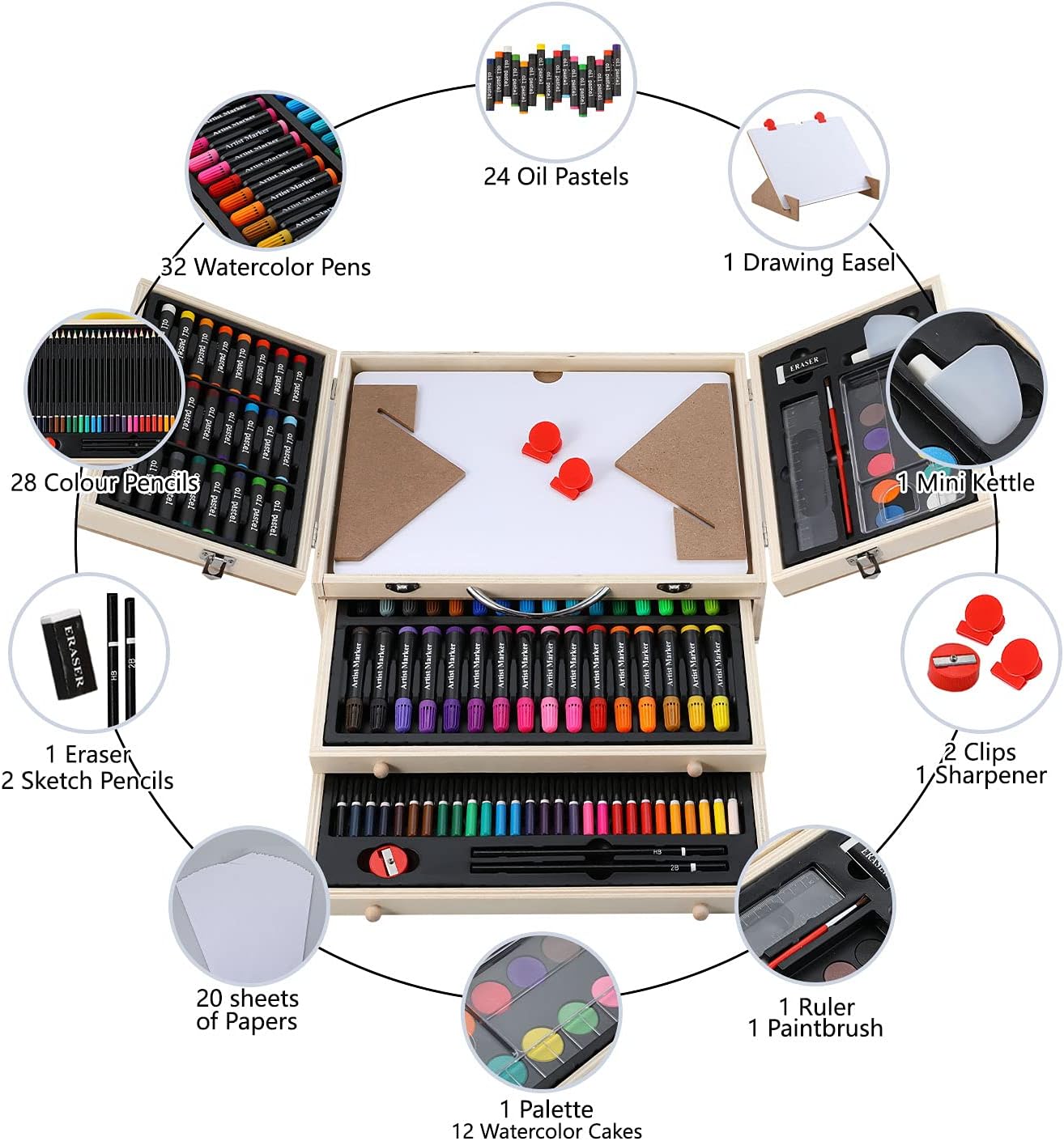 Art Supplies, 108 Piece with Drawing Easel, Deluxe Art Kit in Portable Wooden Case with Colored Pencils, Painting, Kids Art Set for Beginners