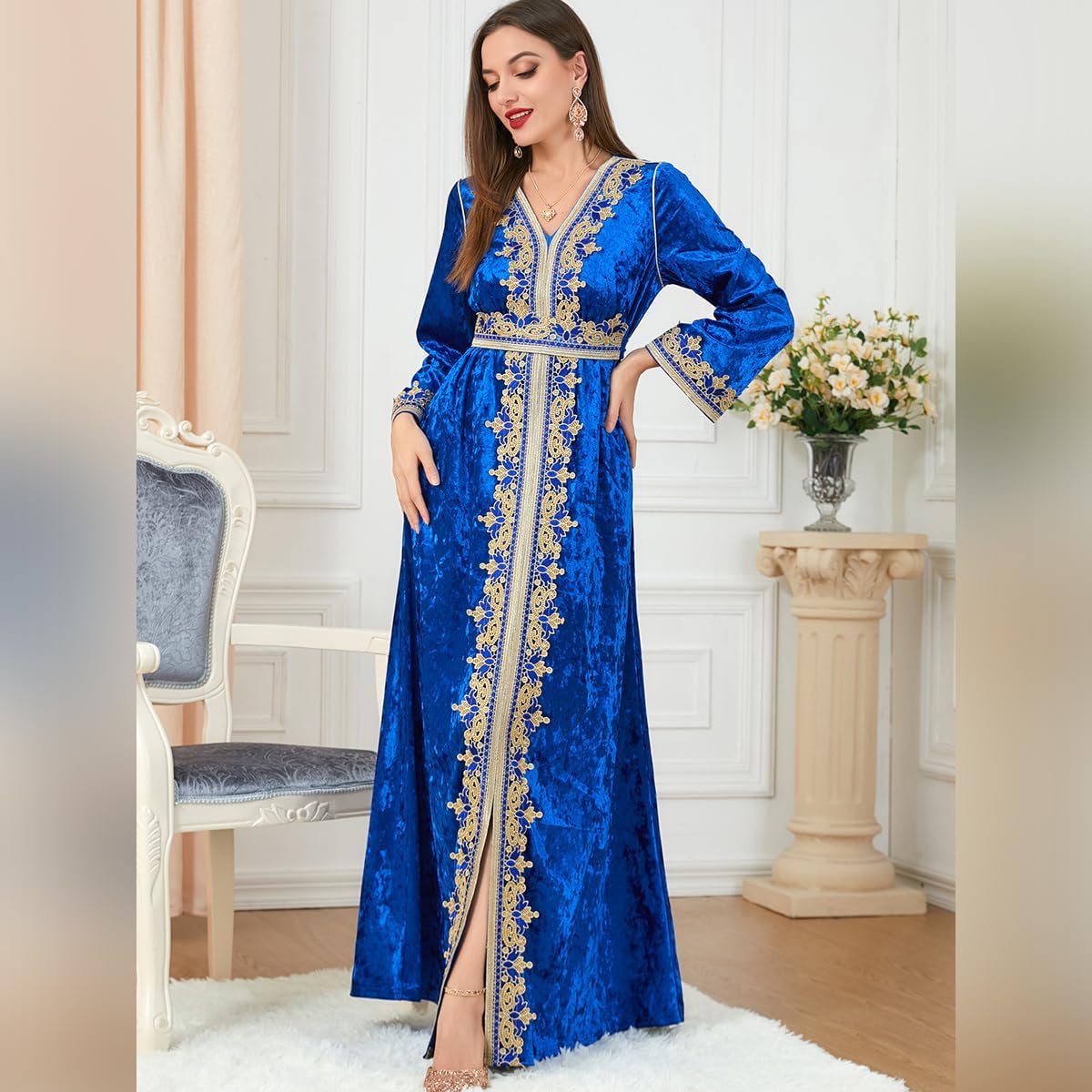 IDOPIP Muslim Women Velvet Dress Embroidery Abayas Long Sleeve V-Neck Moroccan Maxi Kaftan Dubai Robe Arabic Islamic Clothing - Image 3